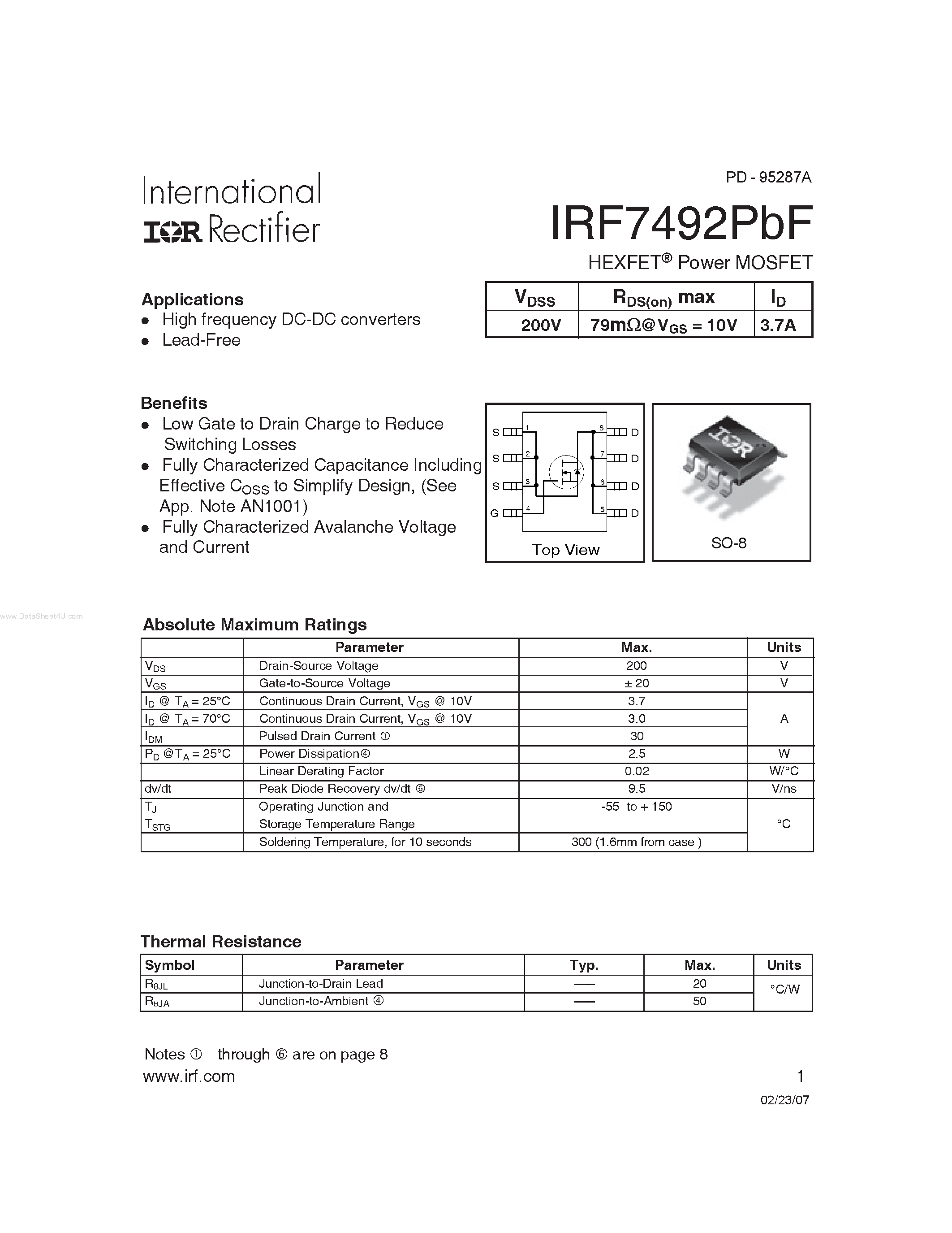 Datasheet IRF7492PBF - HEXFET Power MOSFET page 1
