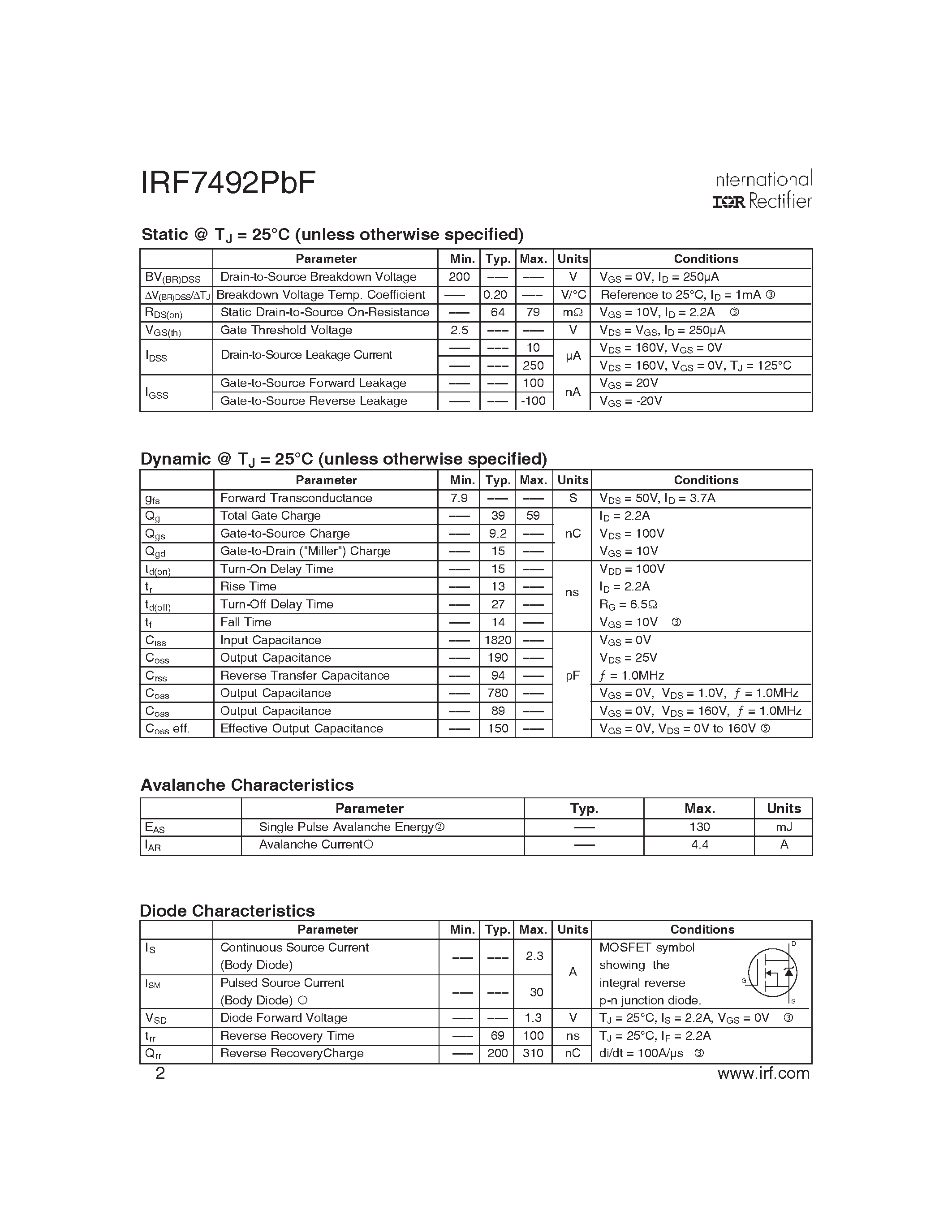 Datasheet IRF7492PBF - HEXFET Power MOSFET page 2
