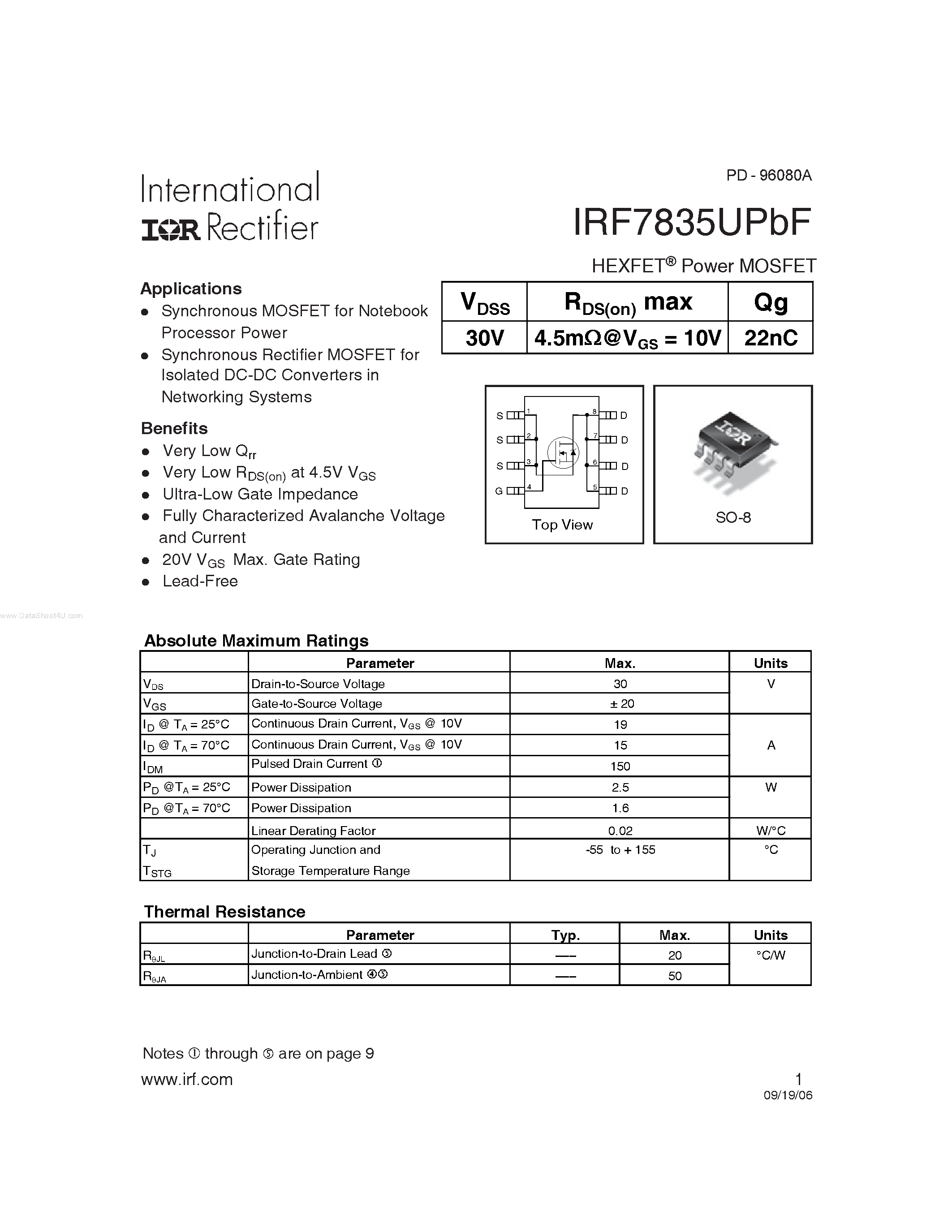 Datasheet IRF7835UPBF - HEXFET Power MOSFET page 1