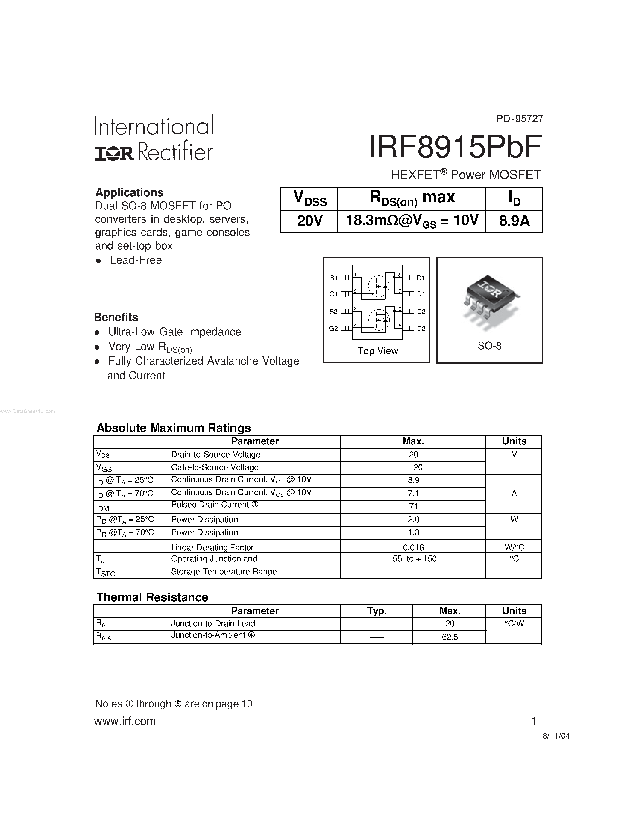 Datasheet IRF8915PBF - HEXFET Power MOSFET page 1