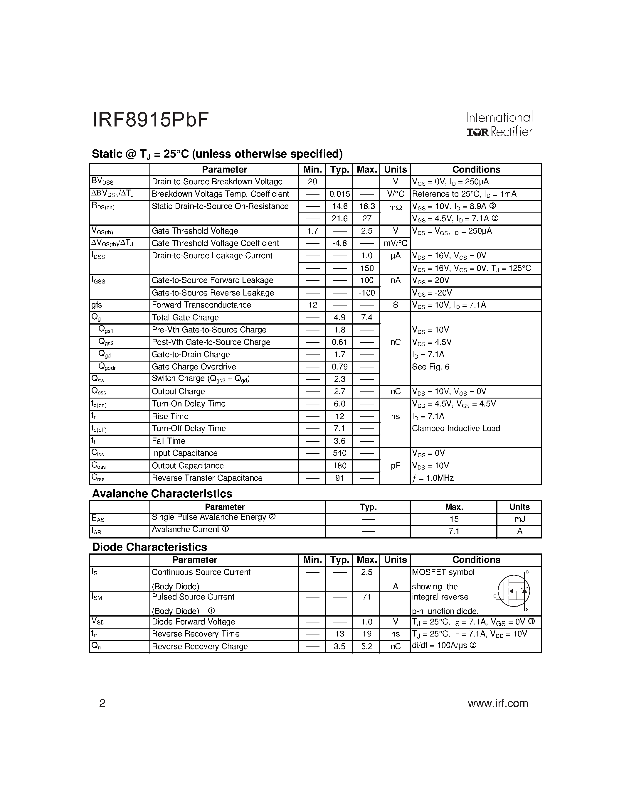 Datasheet IRF8915PBF - HEXFET Power MOSFET page 2