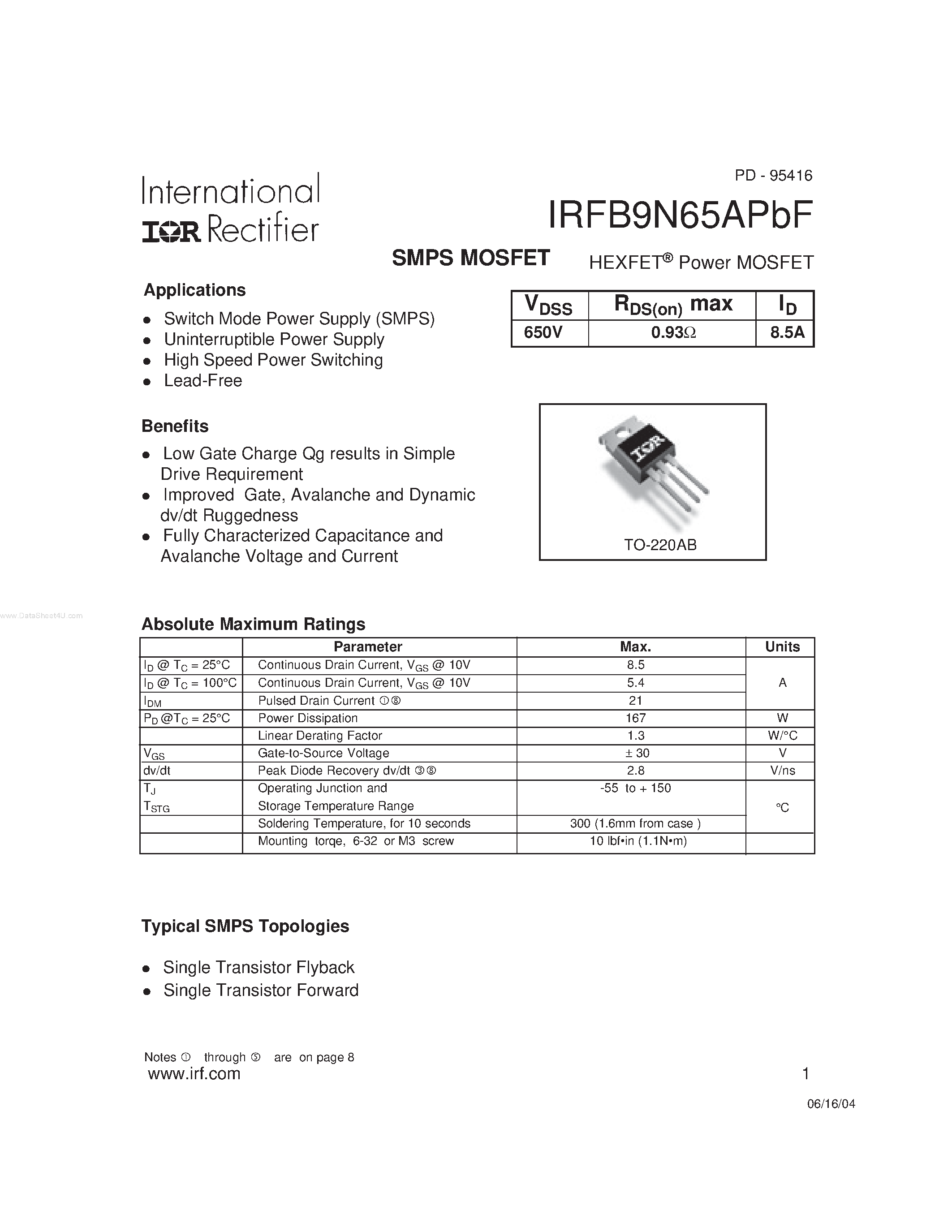 Datasheet IRFB9N65APBF - HEXFET Power MOSFET page 1