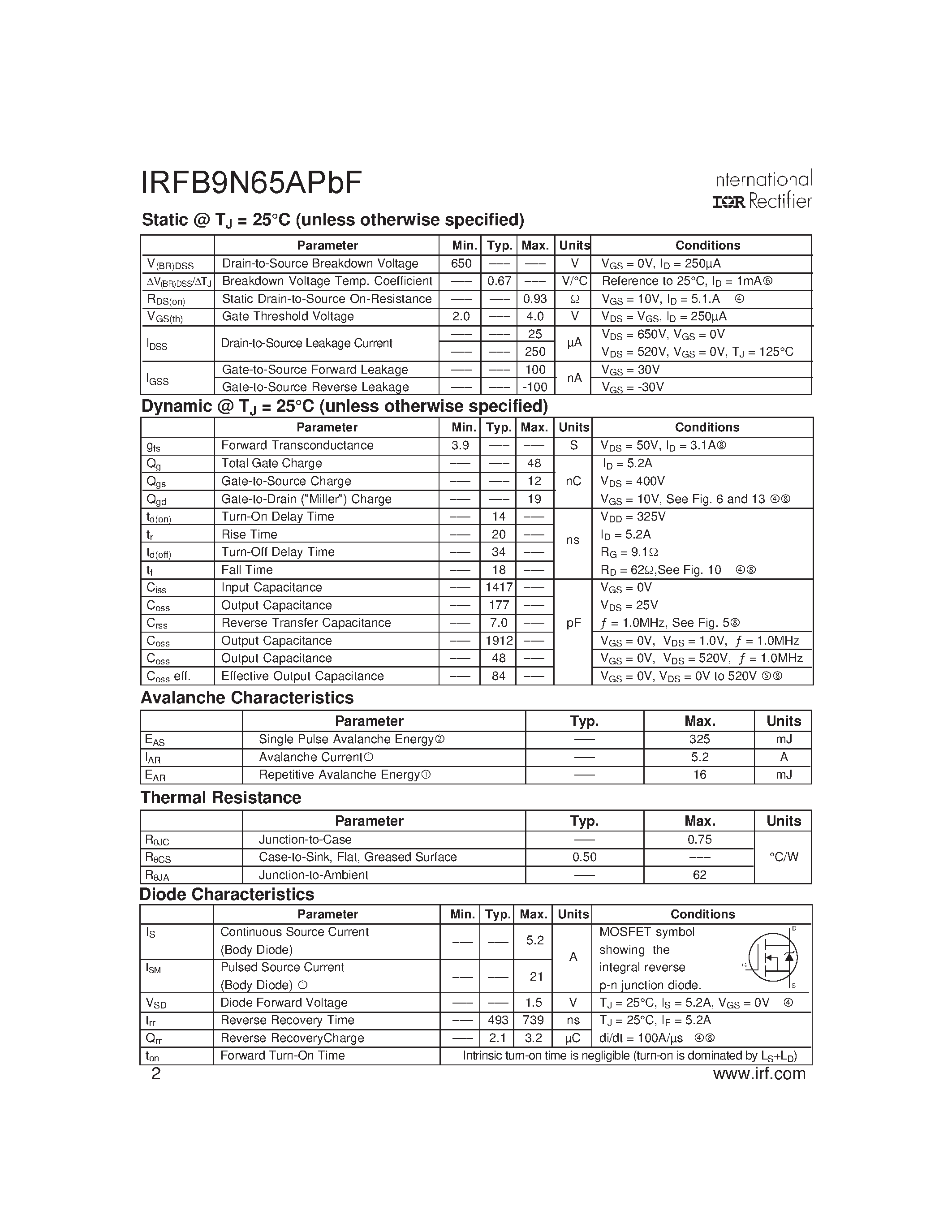 Datasheet IRFB9N65APBF - HEXFET Power MOSFET page 2