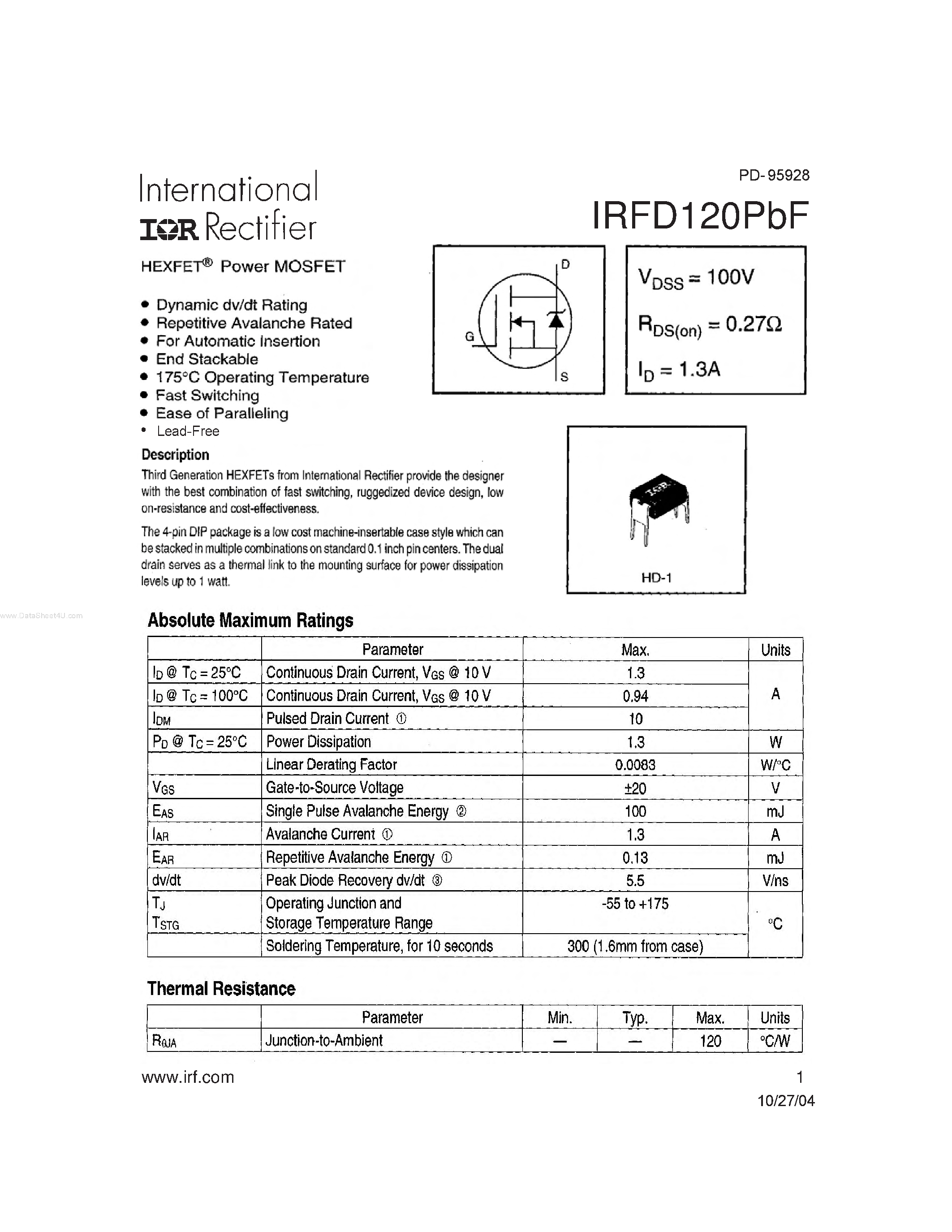 Datasheet IRFD120PBF - HEXFET Power MOSFET page 1