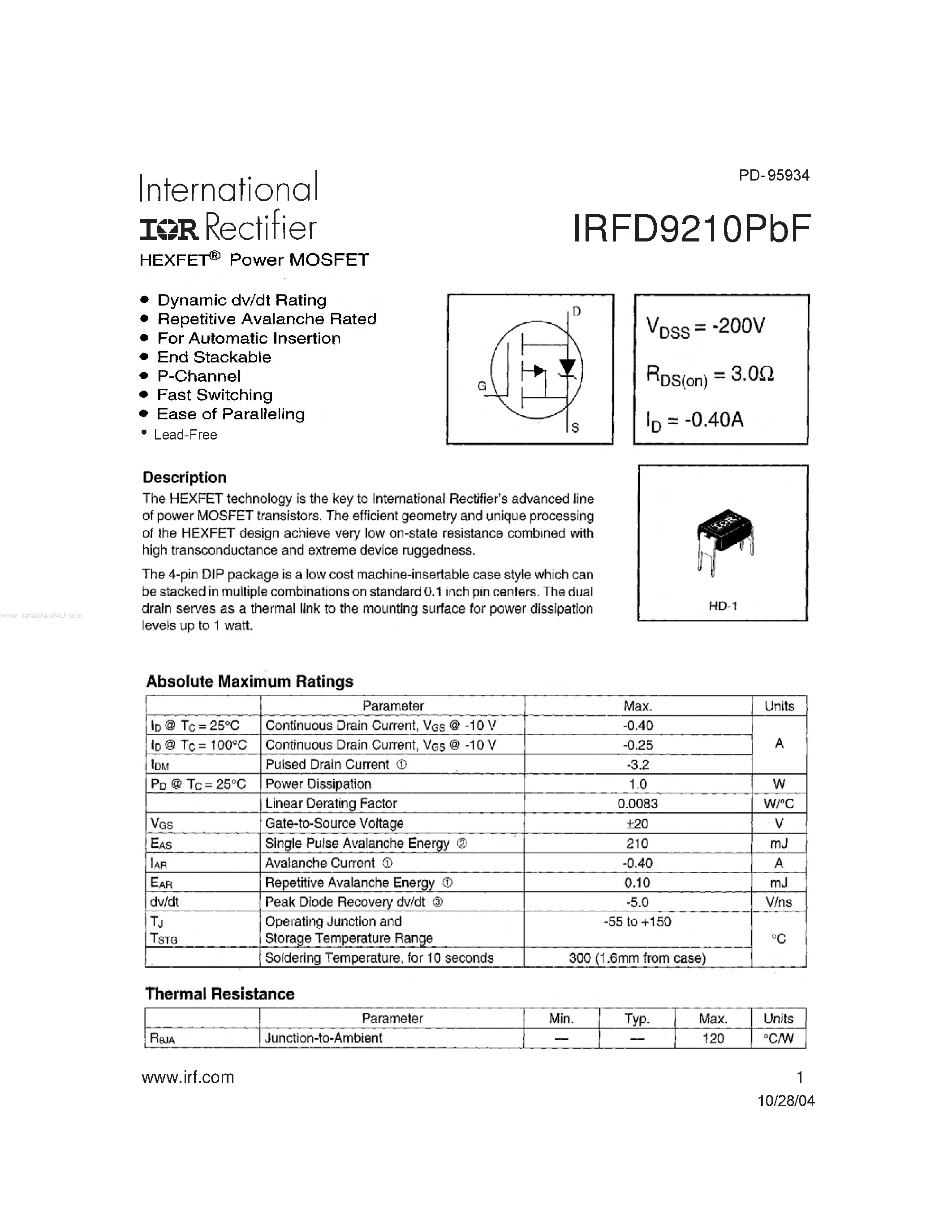 Datasheet IRFD9210PBF - HEXFET Power MOSFET page 1