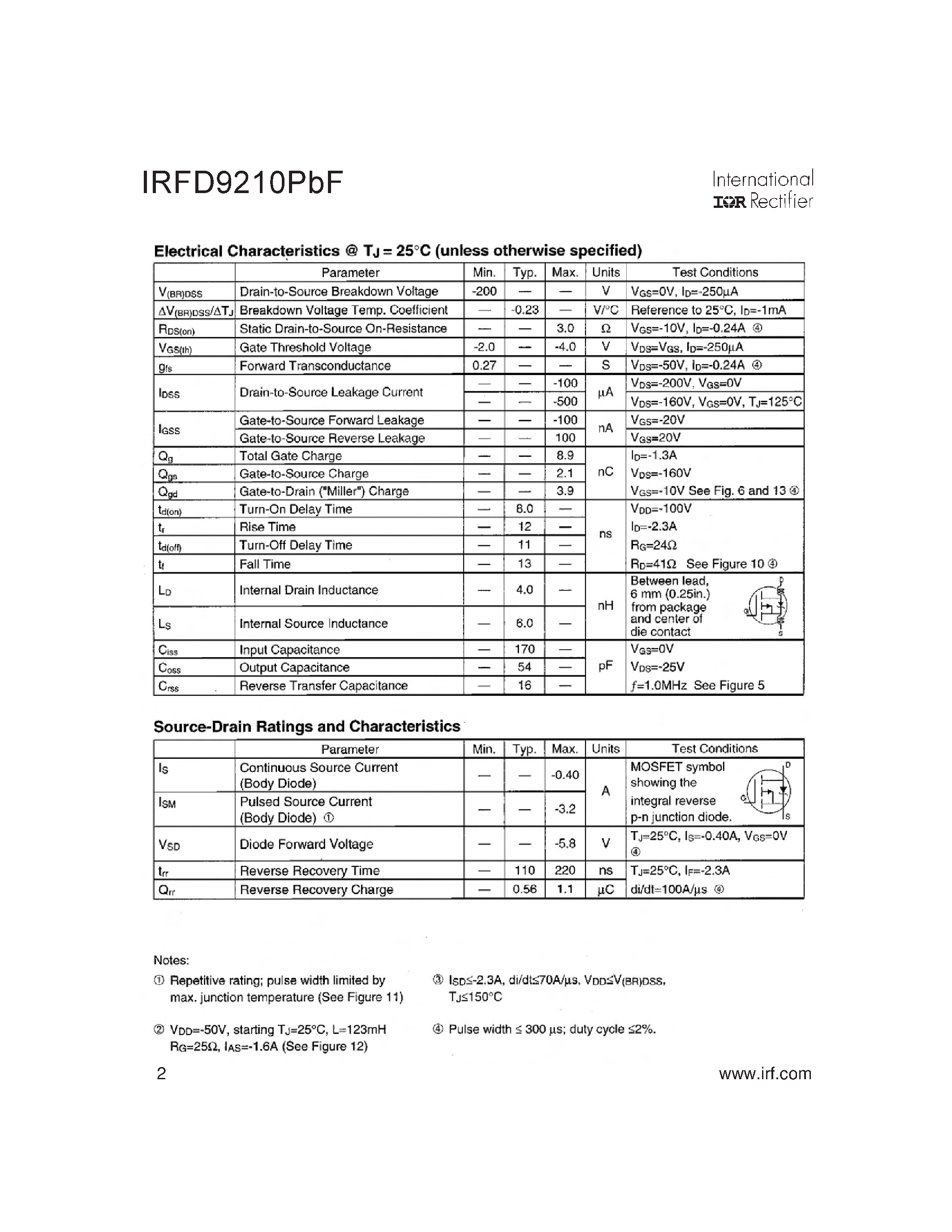 Datasheet IRFD9210PBF - HEXFET Power MOSFET page 2