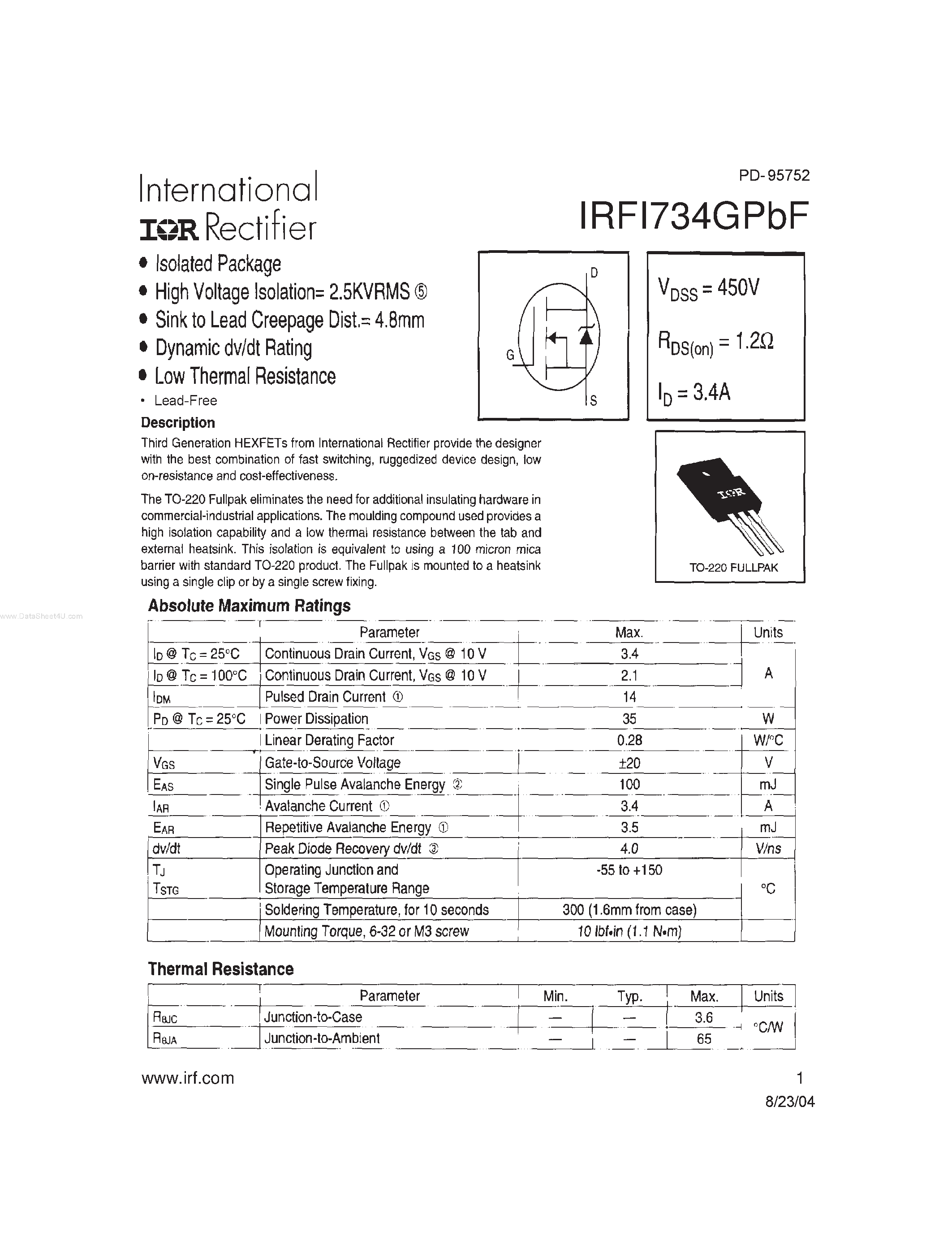 Datasheet IRFI734GPBF - HEXFET Power MOSFET page 1