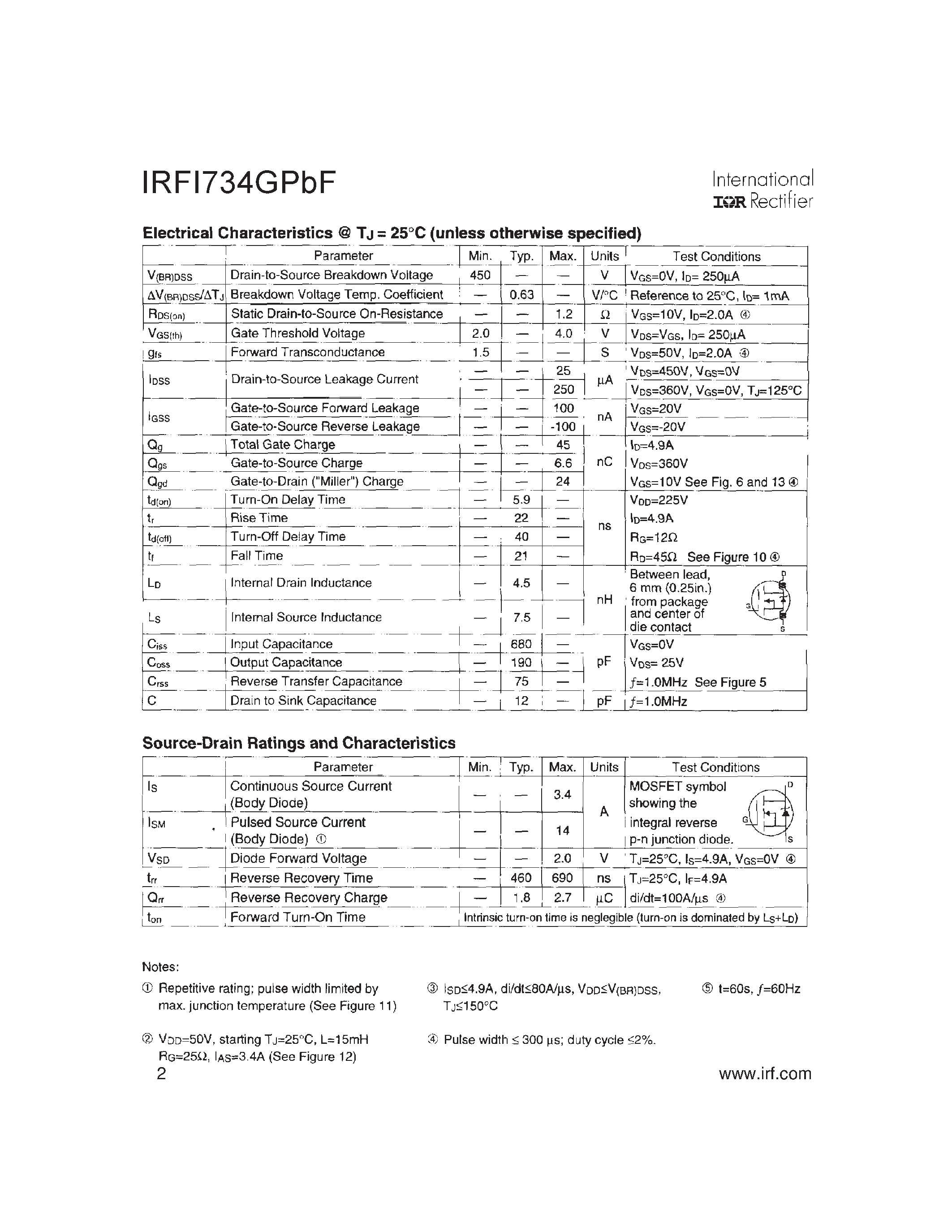 Datasheet IRFI734GPBF - HEXFET Power MOSFET page 2