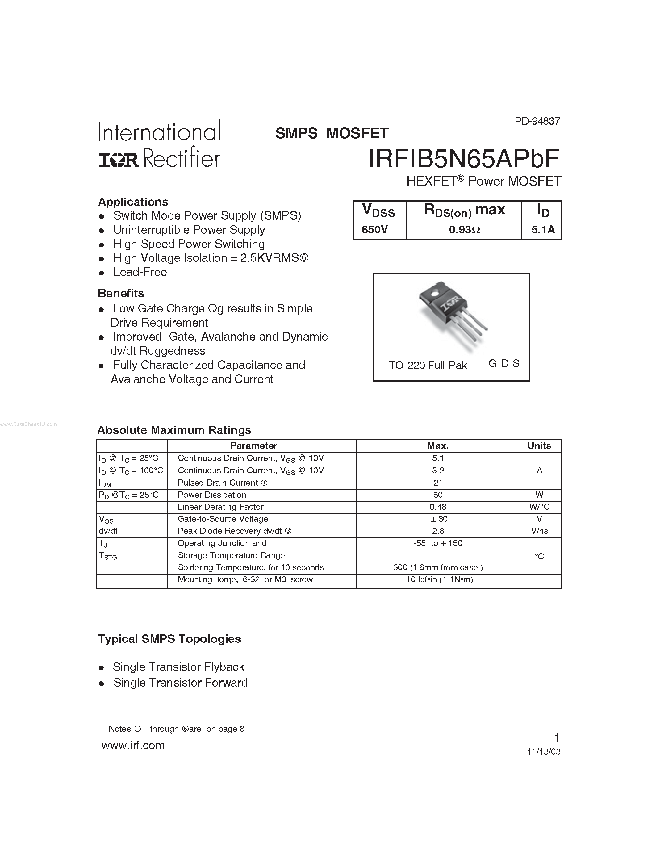 Datasheet IRFIB5N65APBF - SMPS MOSFET page 1