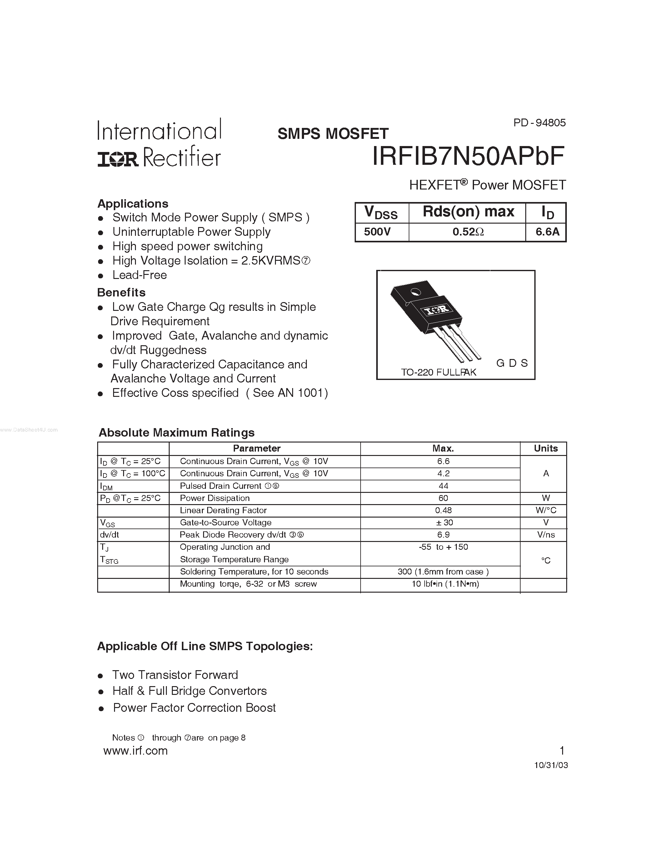 Datasheet IRFIB7N50APBF - SMPS MOSFET page 1