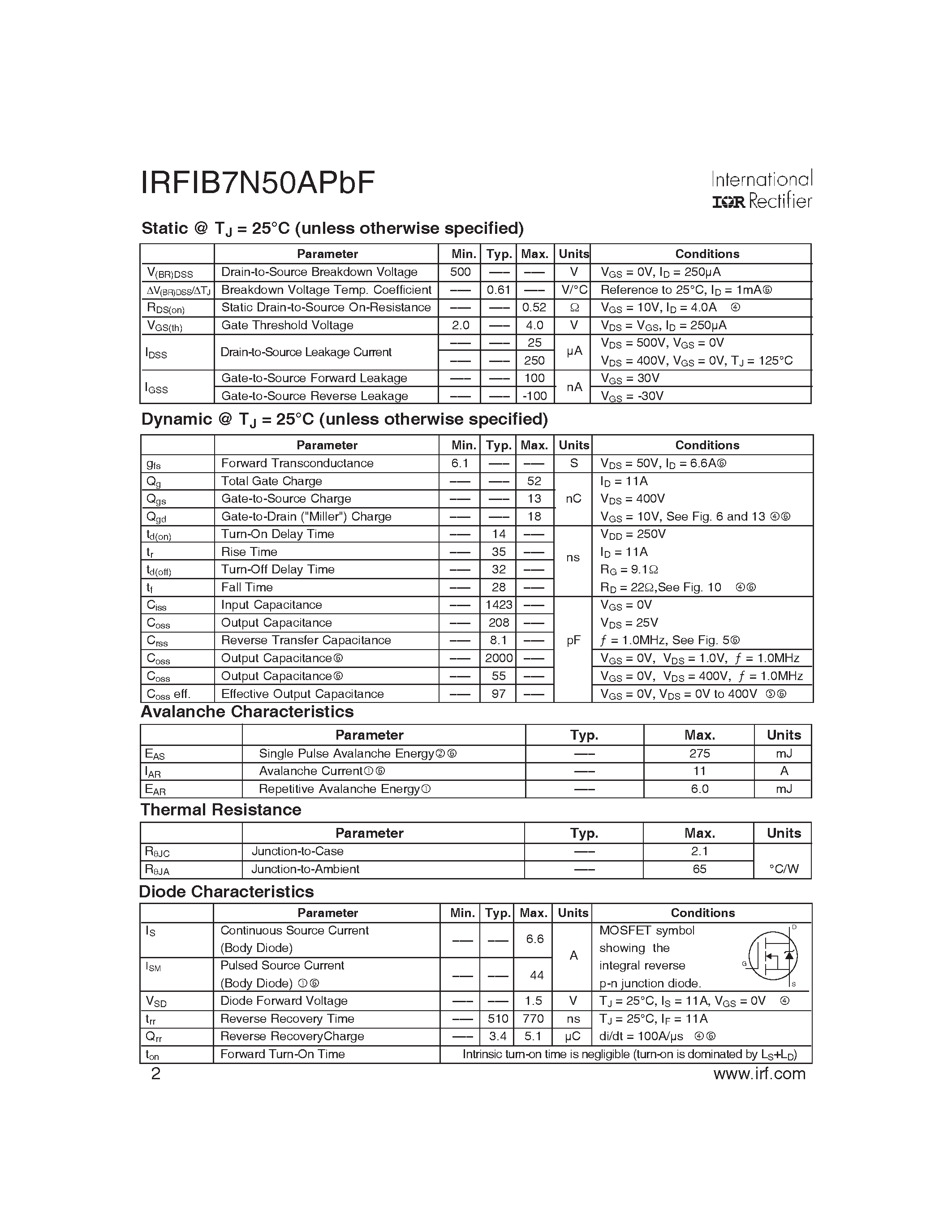 Datasheet IRFIB7N50APBF - SMPS MOSFET page 2
