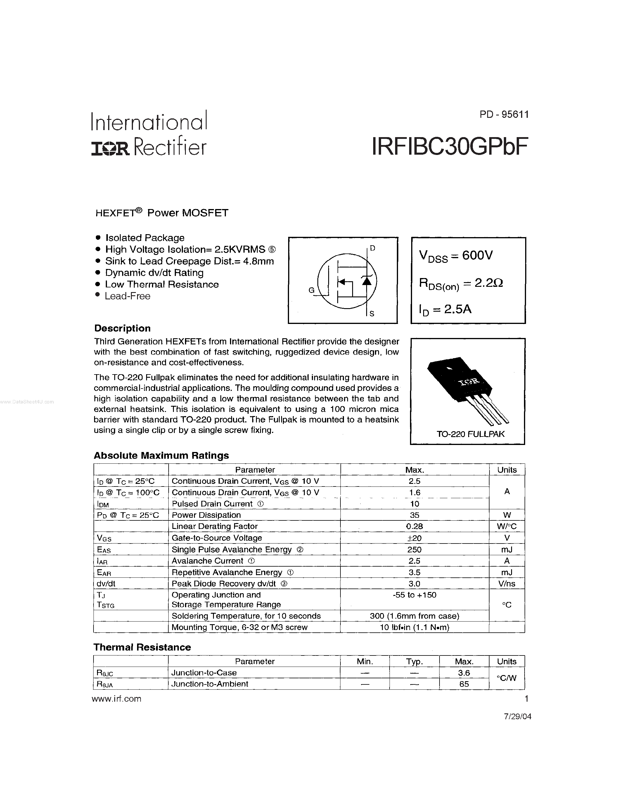 Datasheet IRFIBC30GPBF - HEXFET Power MOSFET page 1