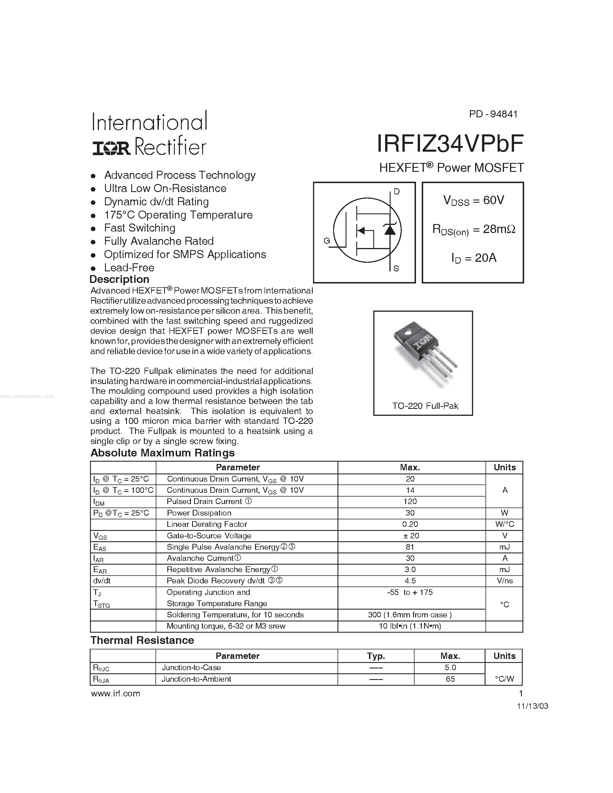 Datasheet IRFIZ34VPBF - HEXFET Power MOSFET page 1