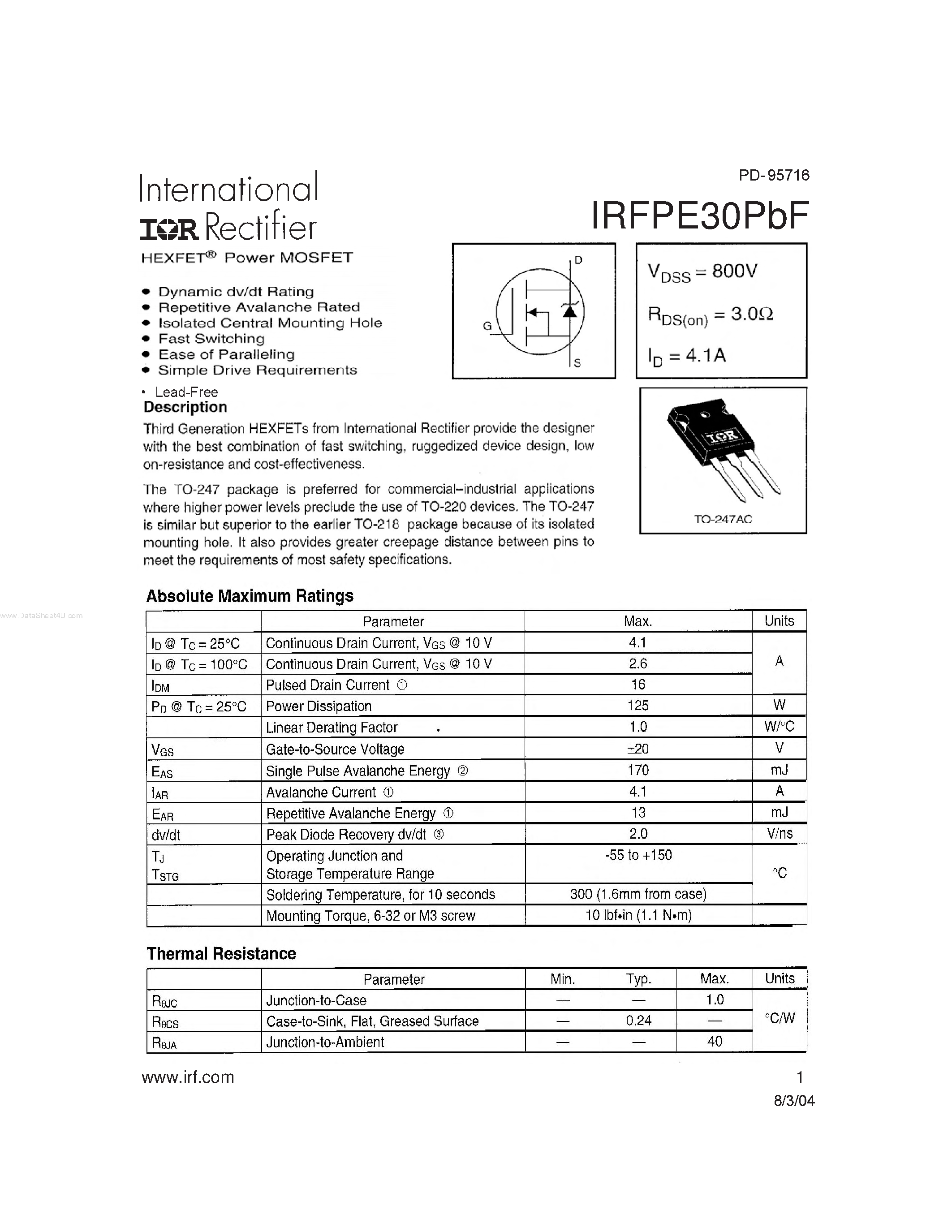 Даташит IRFPE30PBF - HEXFET Power MOSFET страница 1