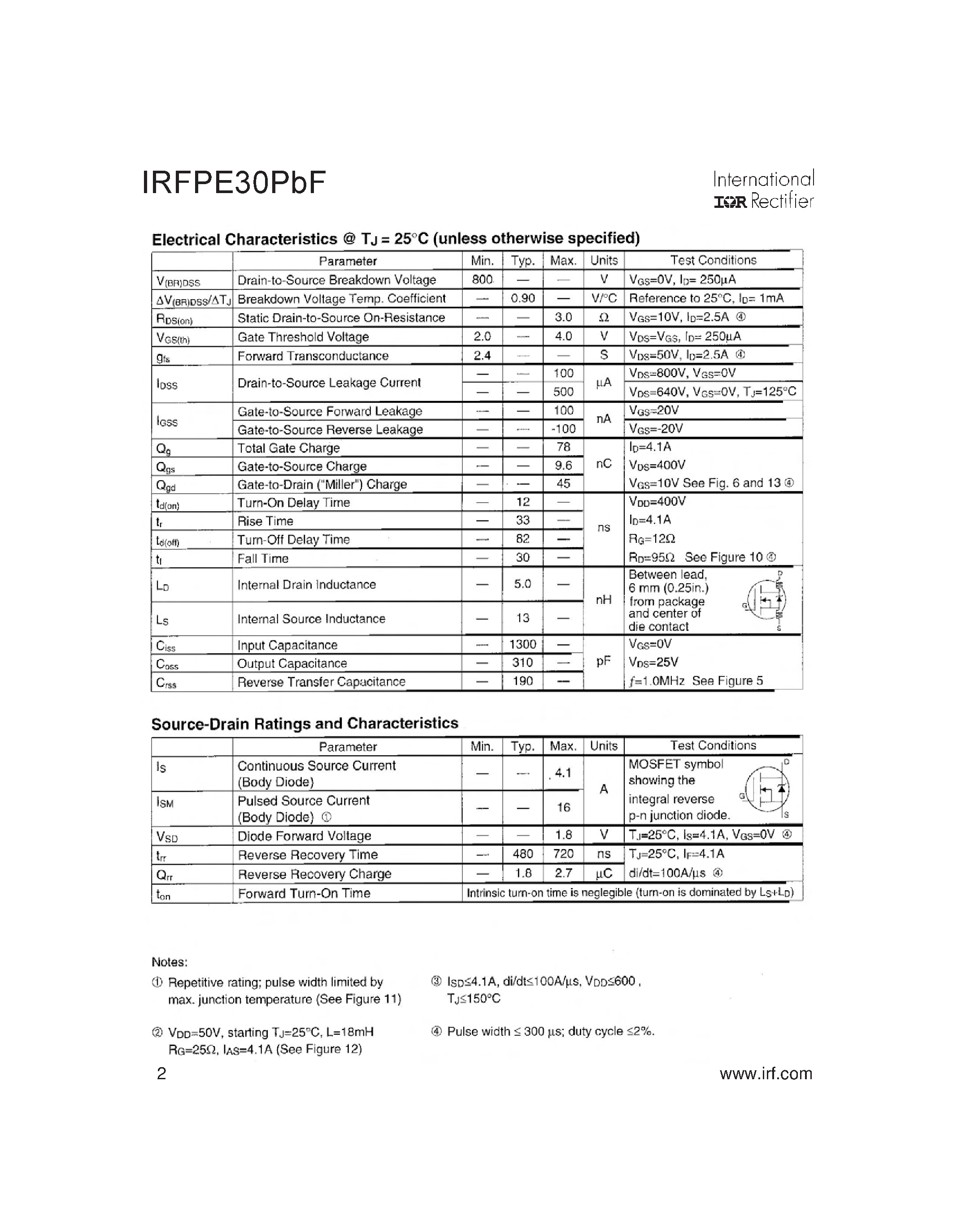 Даташит IRFPE30PBF - HEXFET Power MOSFET страница 2
