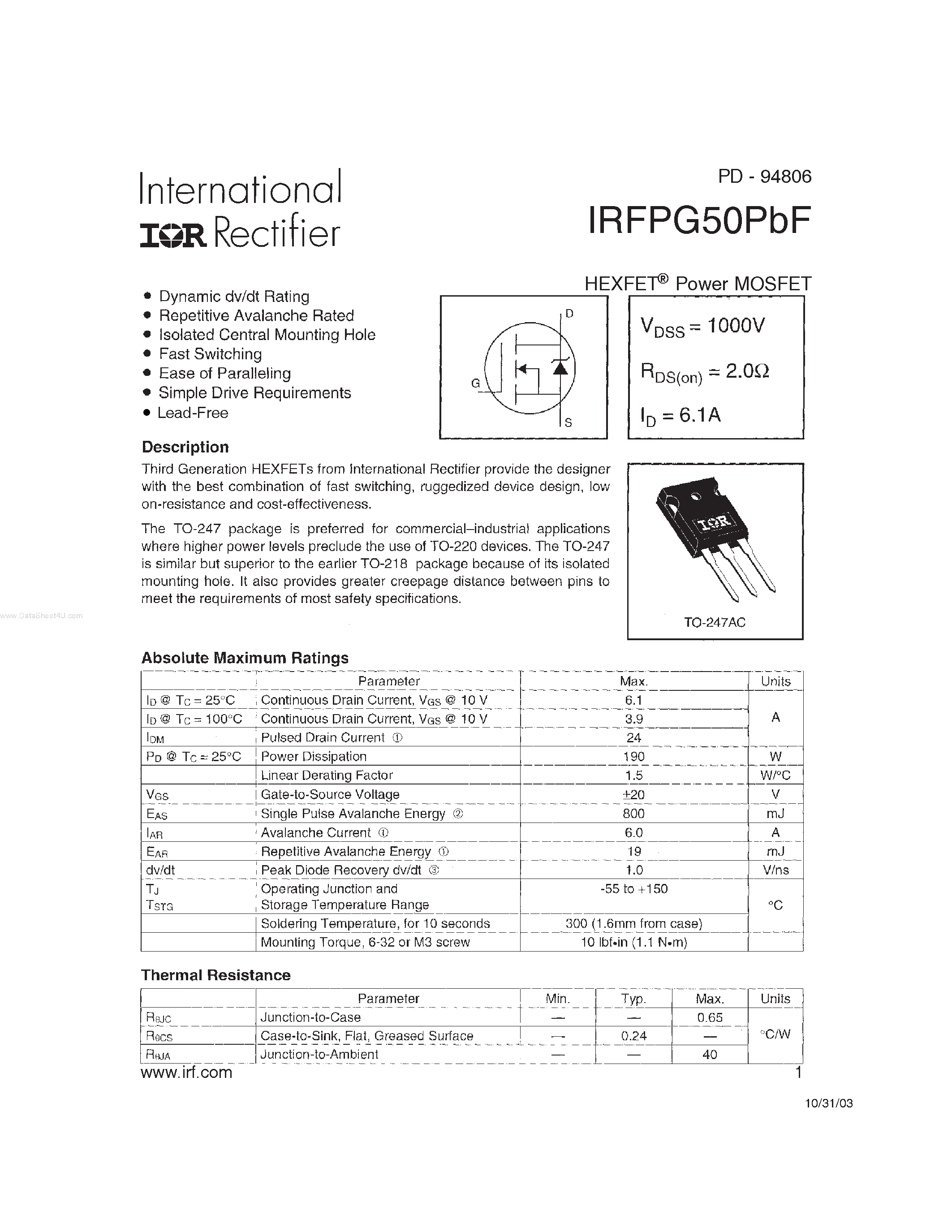 Даташит на микросхему IRFPG50PBF страница 1 Даташит IRFPG50PBF - HEXFET Power MOSFET страница 1