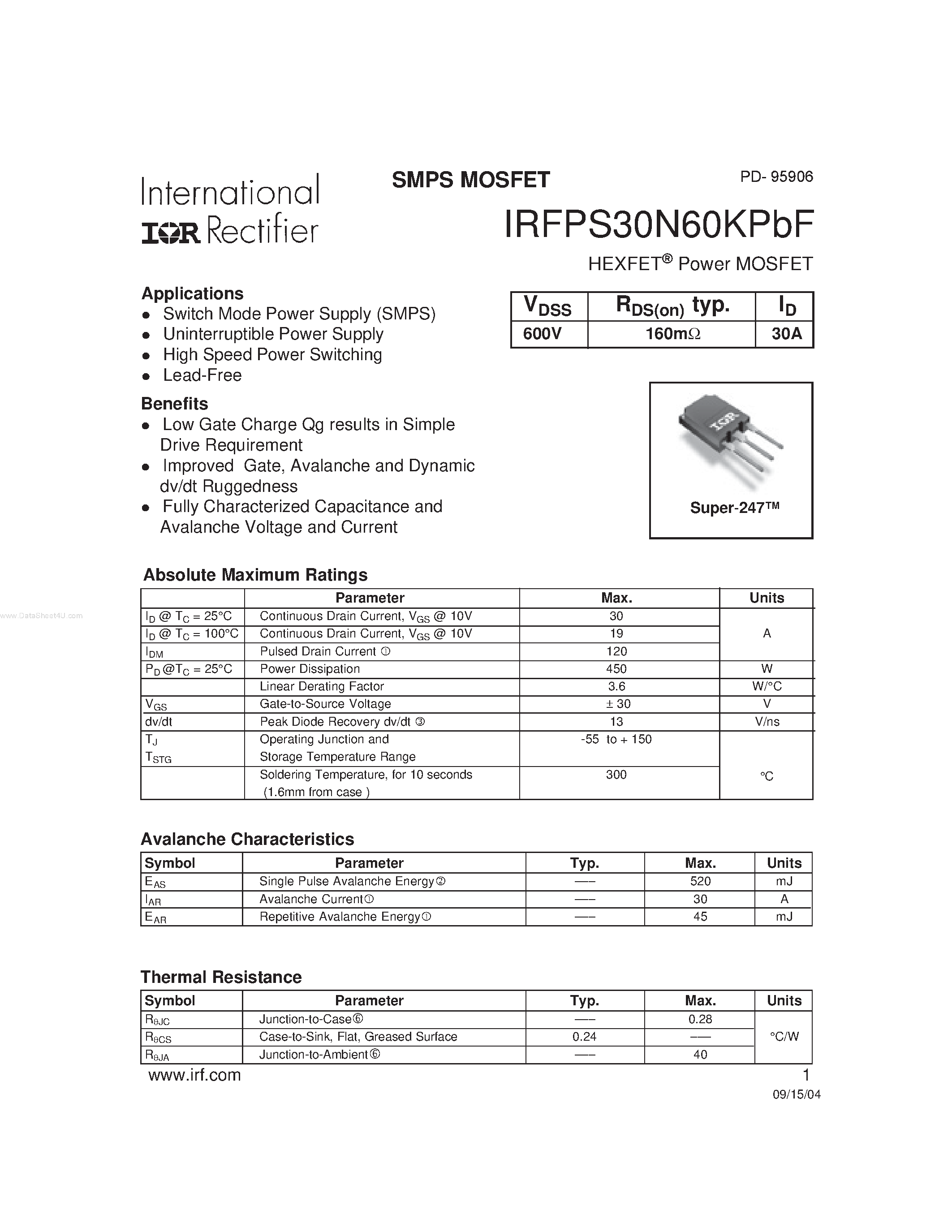 Даташит IRFPS30N60KPBF - SMPS MOSFET страница 1