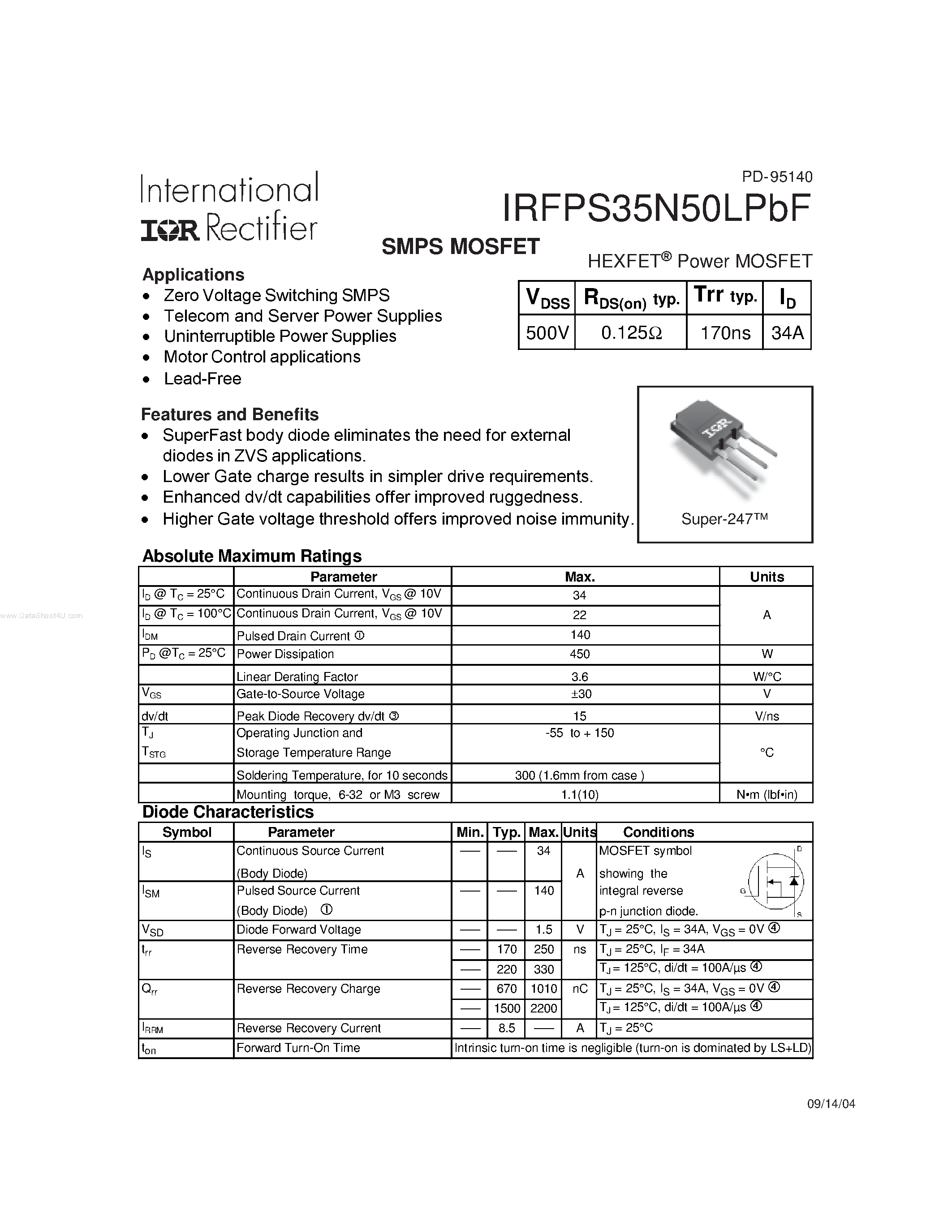 Даташит IRFPS35N50LPBF - SMPS MOSFET страница 1