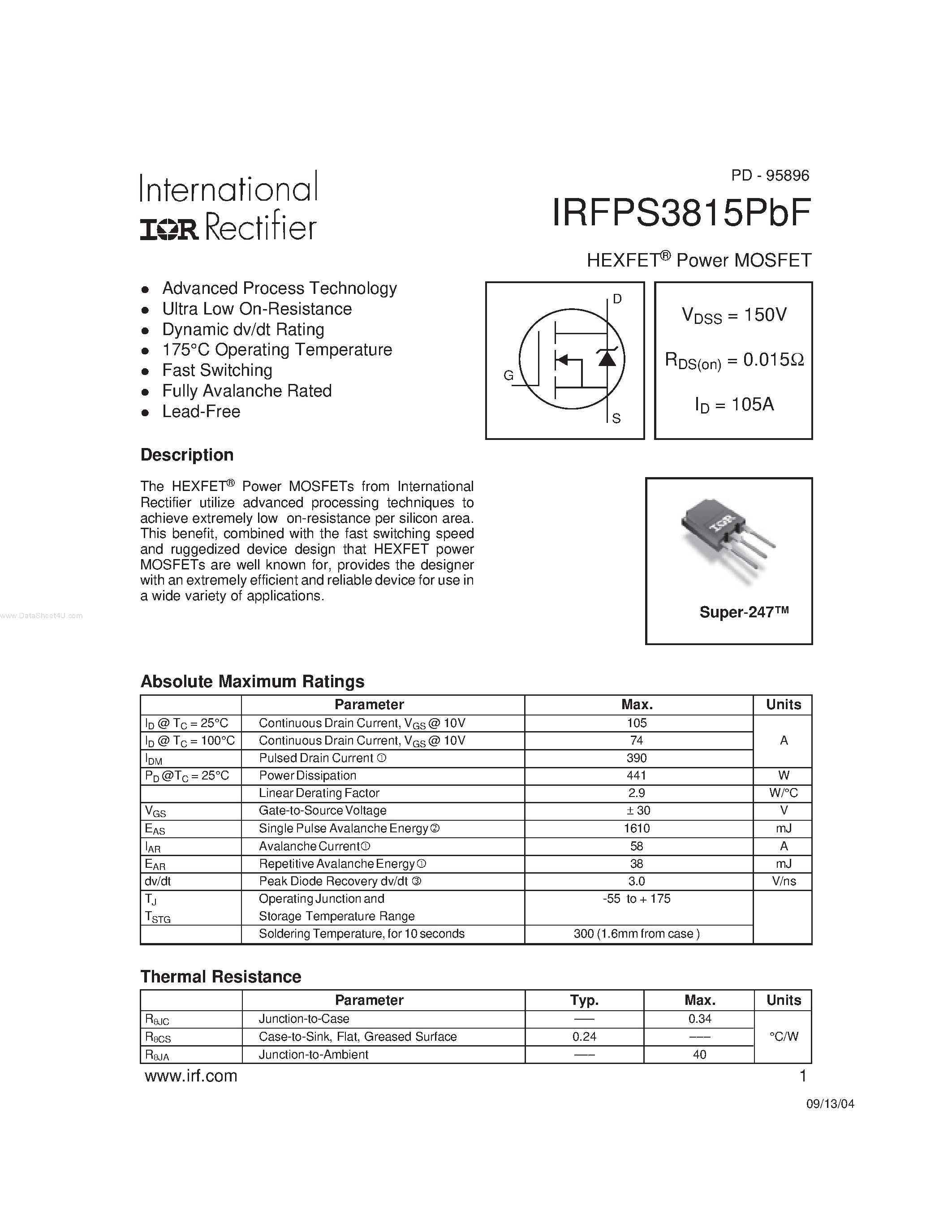 Даташит IRFPS3815PBF - HEXFET Power MOSFET страница 1