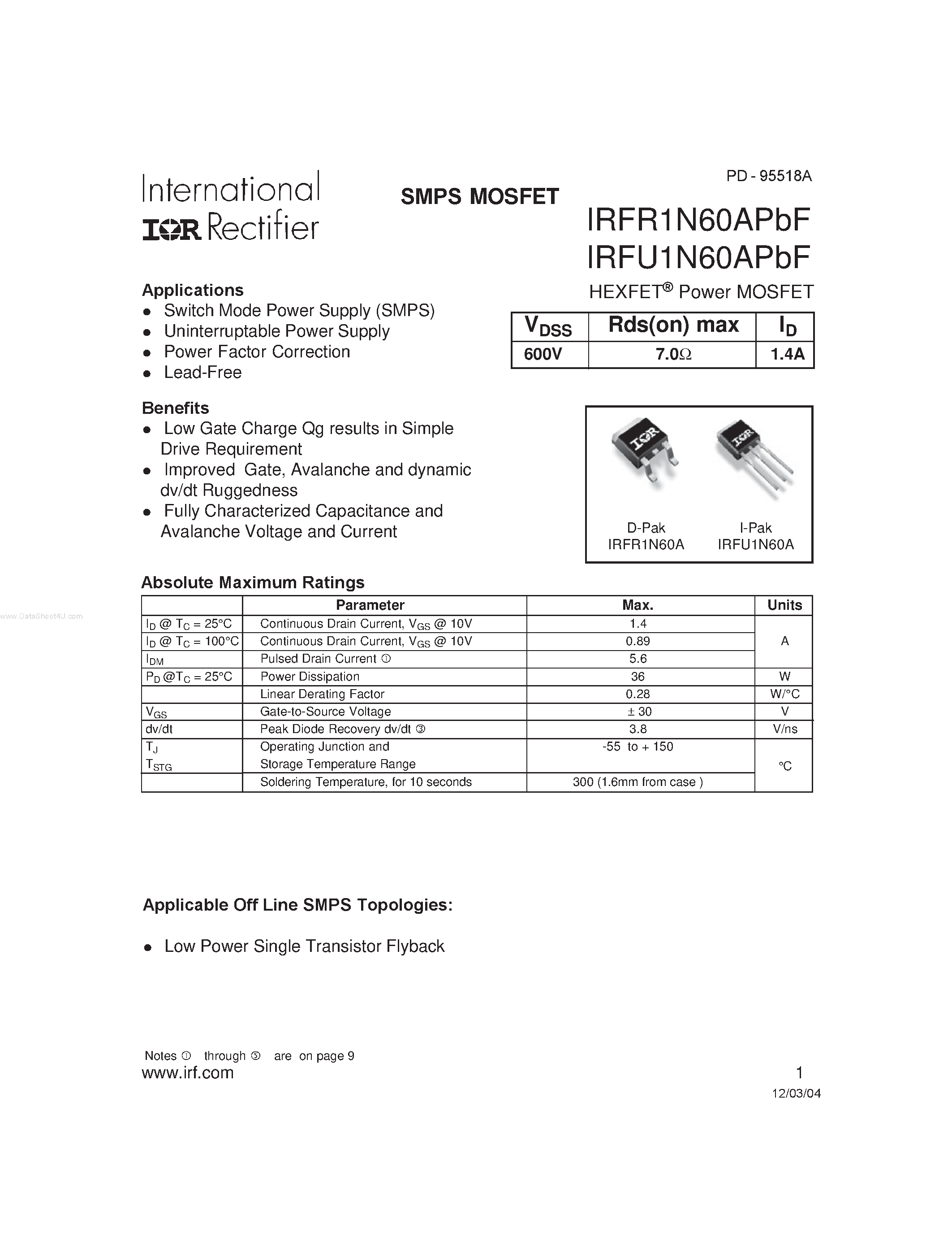 Datasheet IRFR1N60APBF - HEXFET Power MOSFET page 1