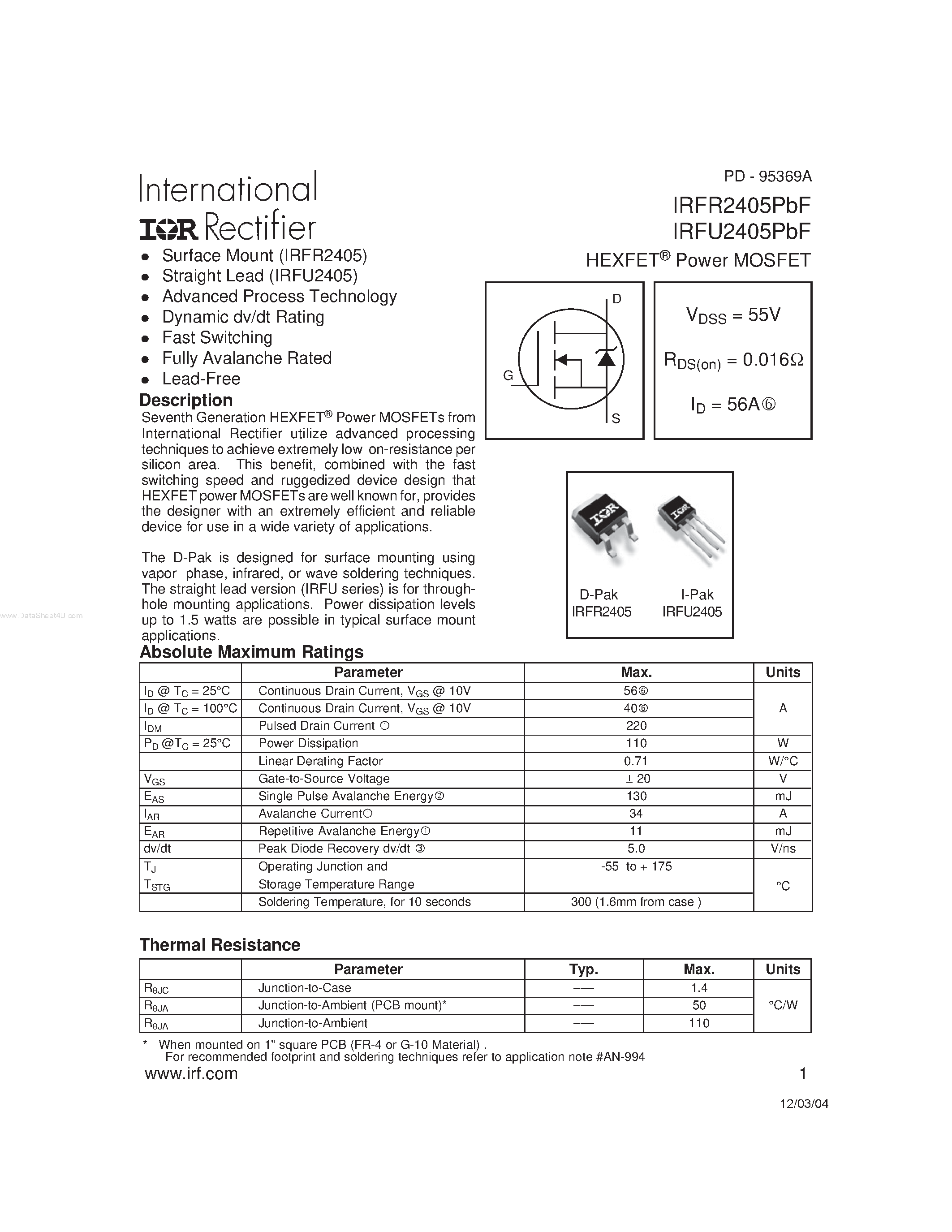 Datasheet IRFR2405PBF - HEXFET Power MOSFET page 1
