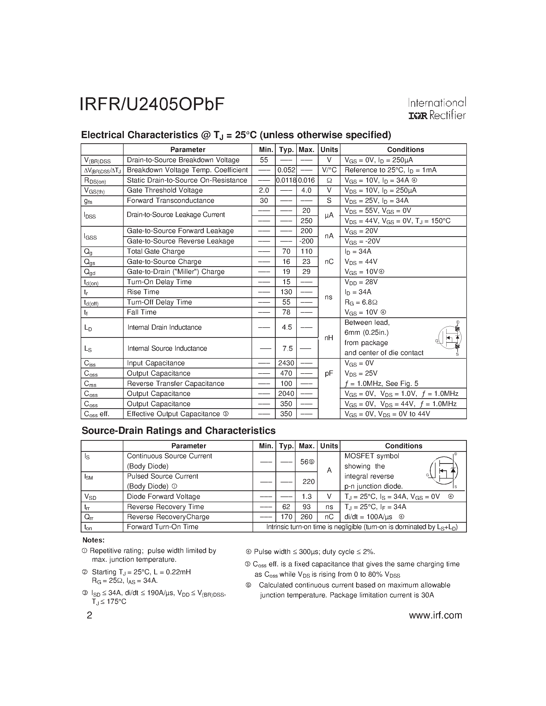 Datasheet IRFR2405PBF - HEXFET Power MOSFET page 2