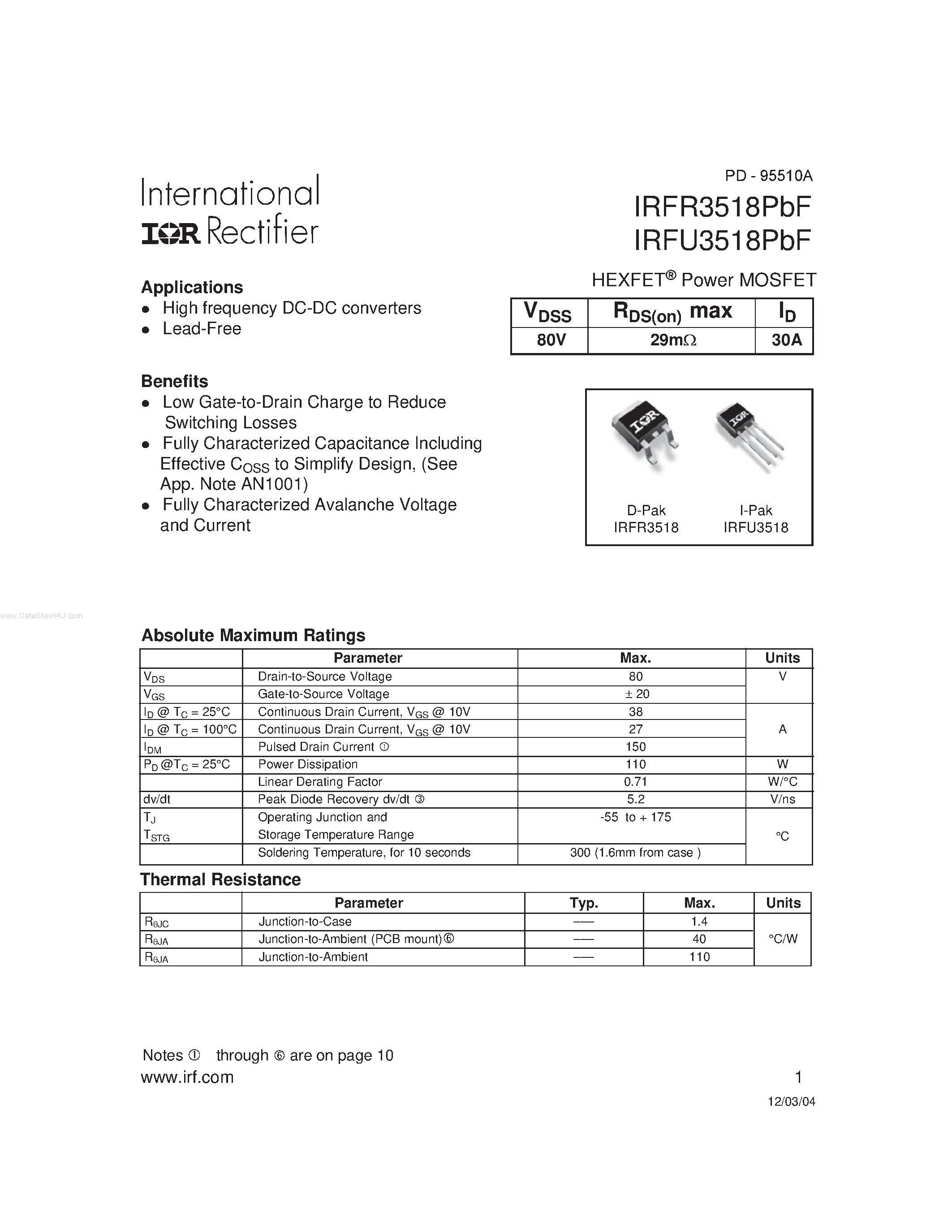 Datasheet IRFR3518PBF page 1 Datasheet IRFR3518PBF - HEXFET Power MOSFET page 1