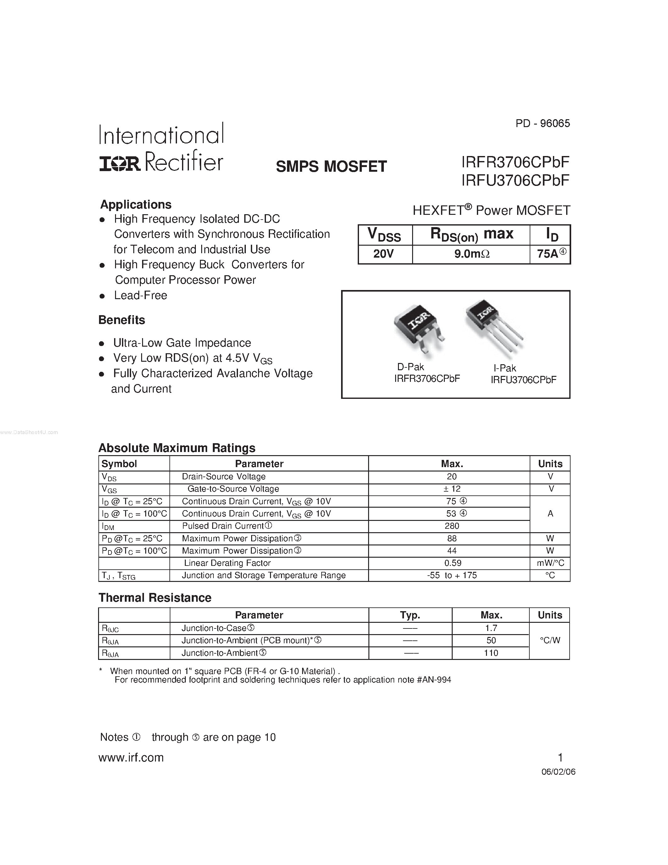 Datasheet IRFR3706CPBF - SMPS MOSFET page 1