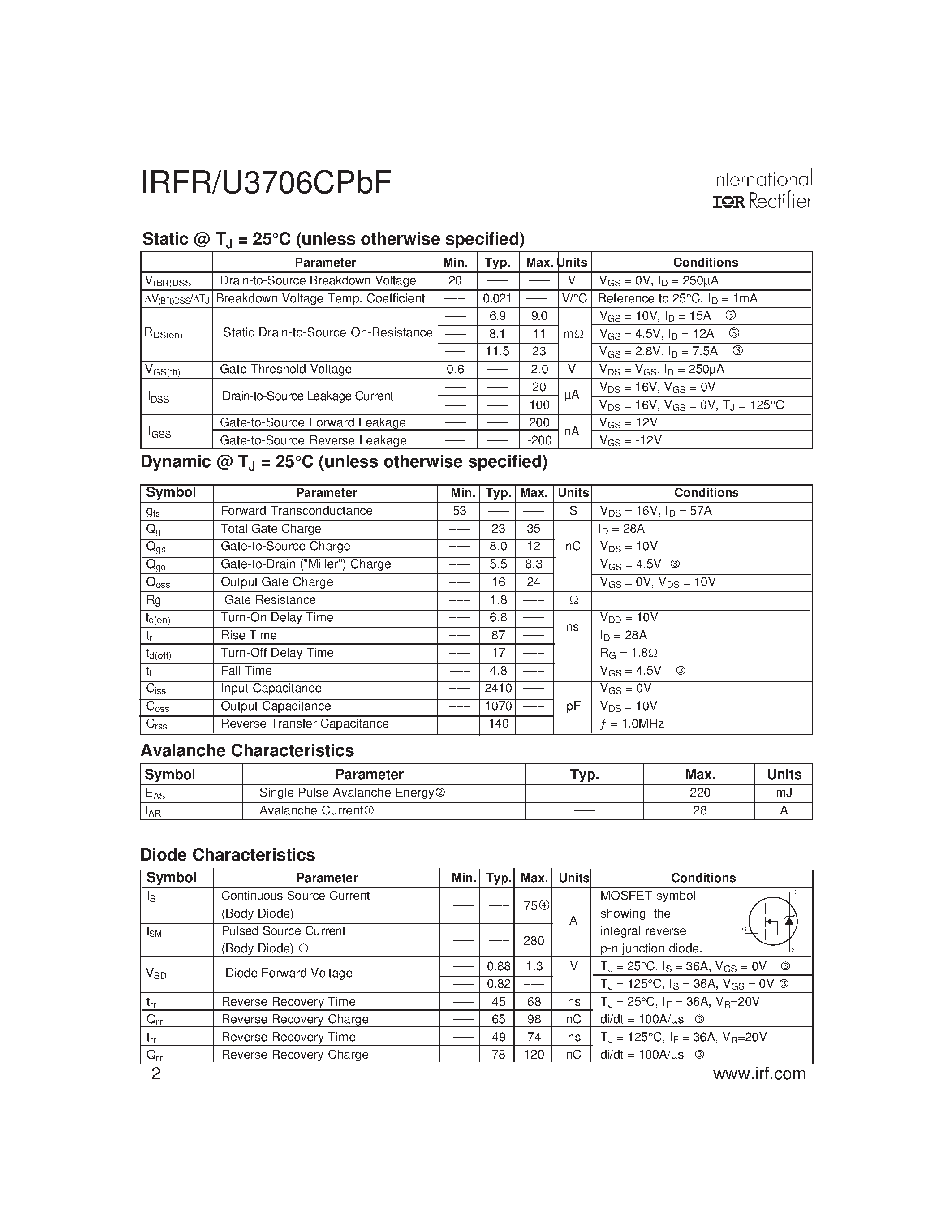 Datasheet IRFR3706CPBF - SMPS MOSFET page 2