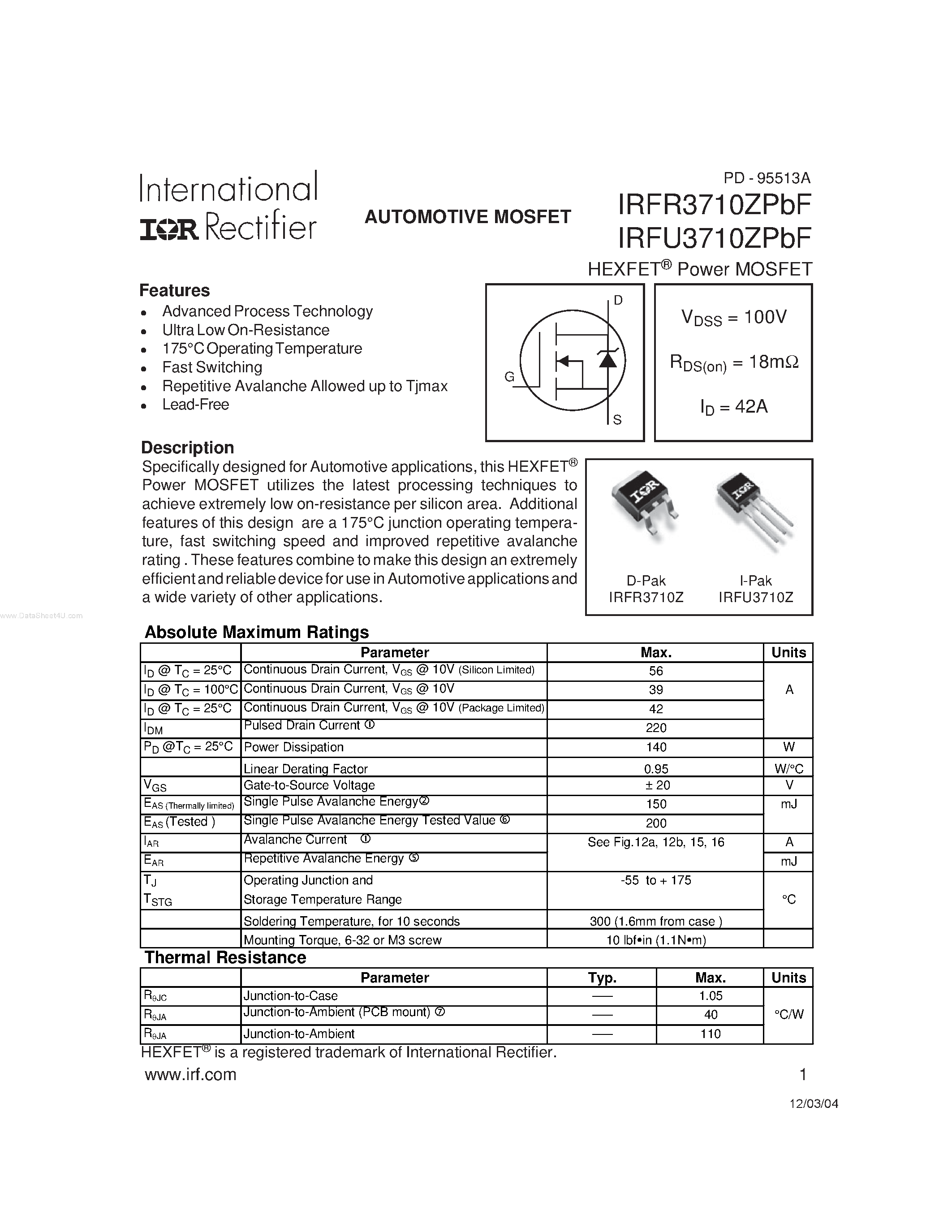 Datasheet IRFU3710ZPBF - Automotive MOSFET page 1