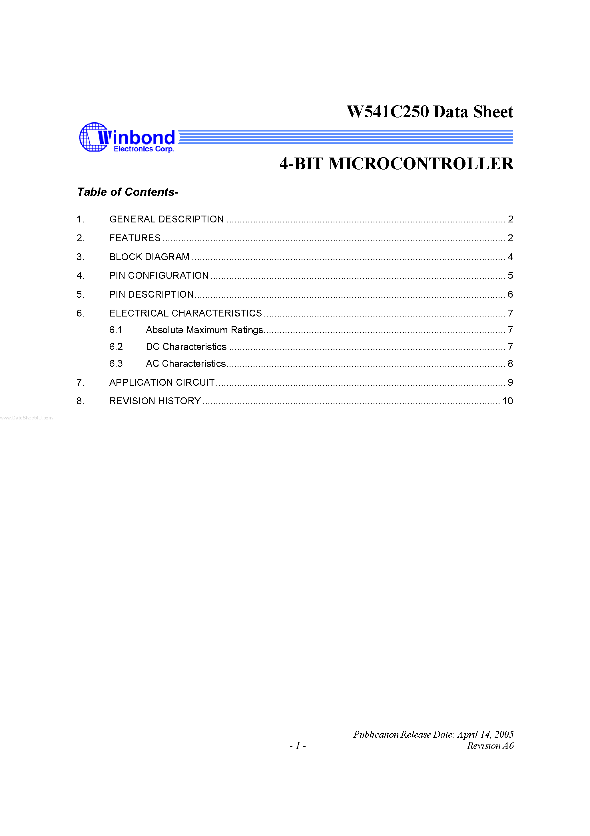 Datasheet W541C250 - 4-BIT MICROCONTROLLER page 1