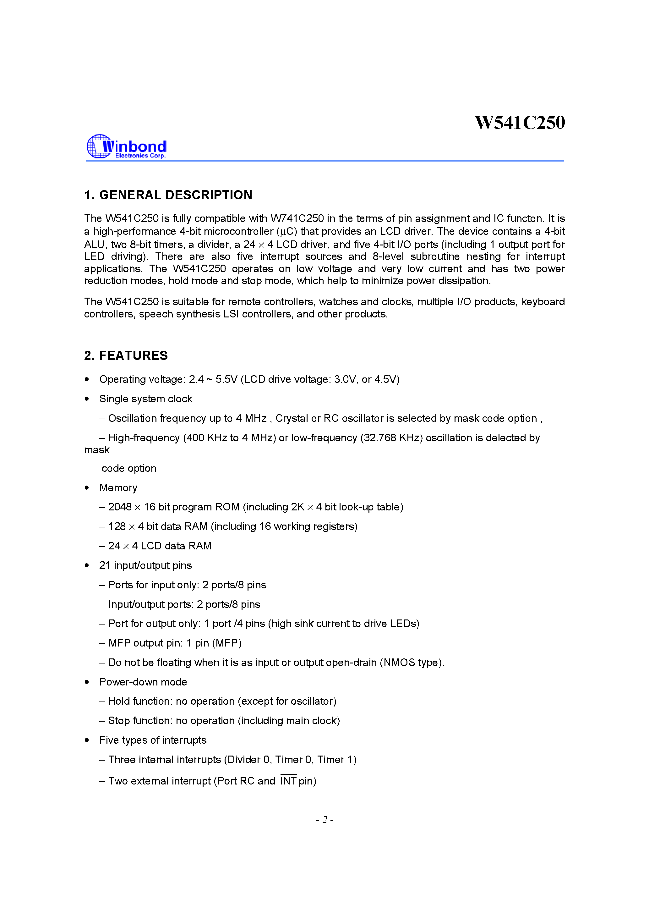 Datasheet W541C250 - 4-BIT MICROCONTROLLER page 2