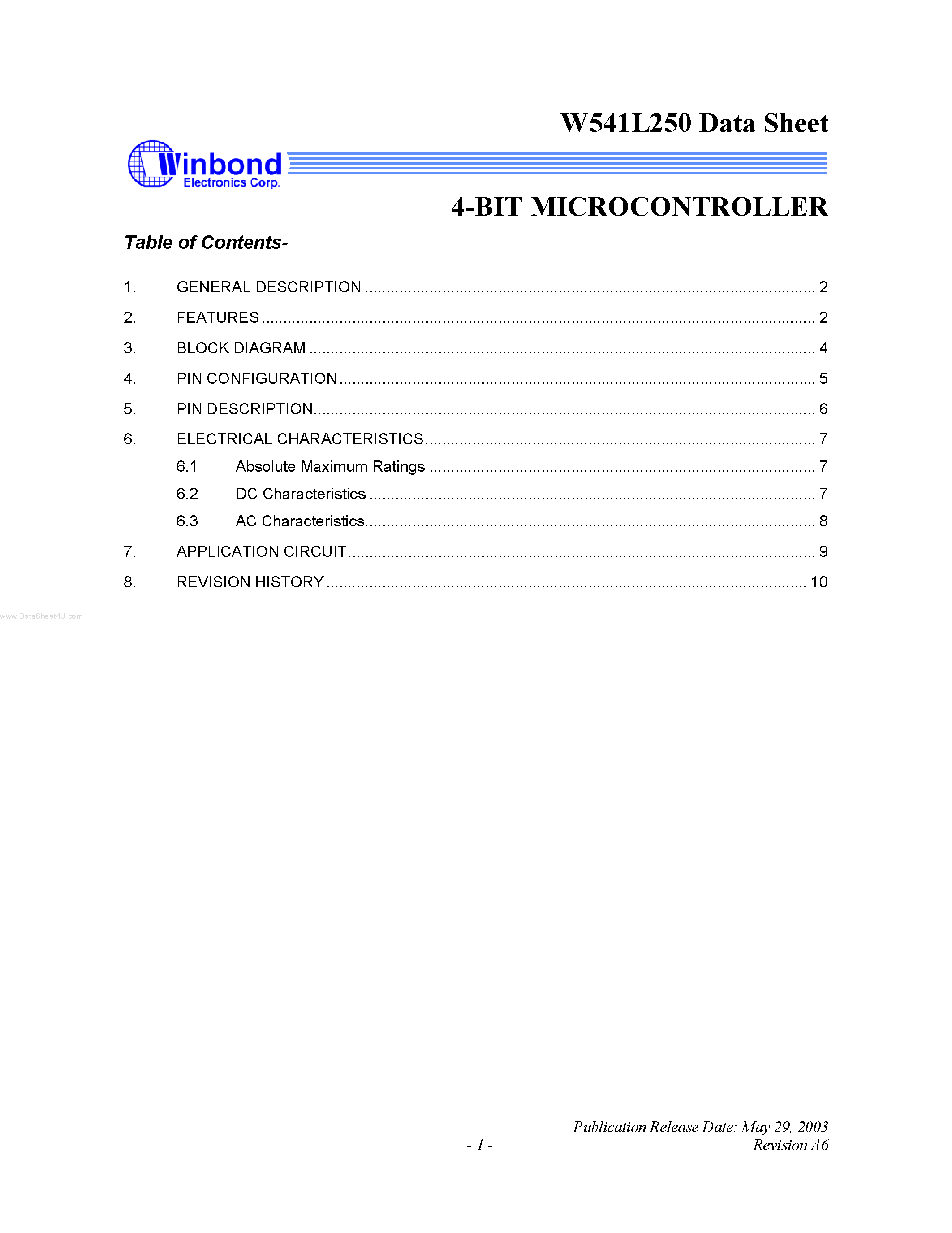 Datasheet W541L250 - 4-BIT MICROCONTROLLER page 1