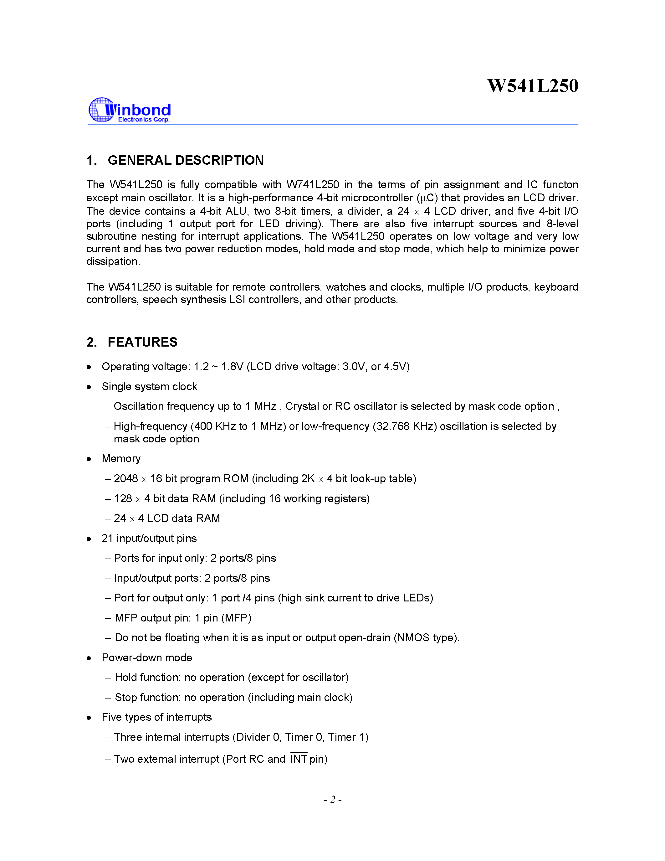 Datasheet W541L250 - 4-BIT MICROCONTROLLER page 2