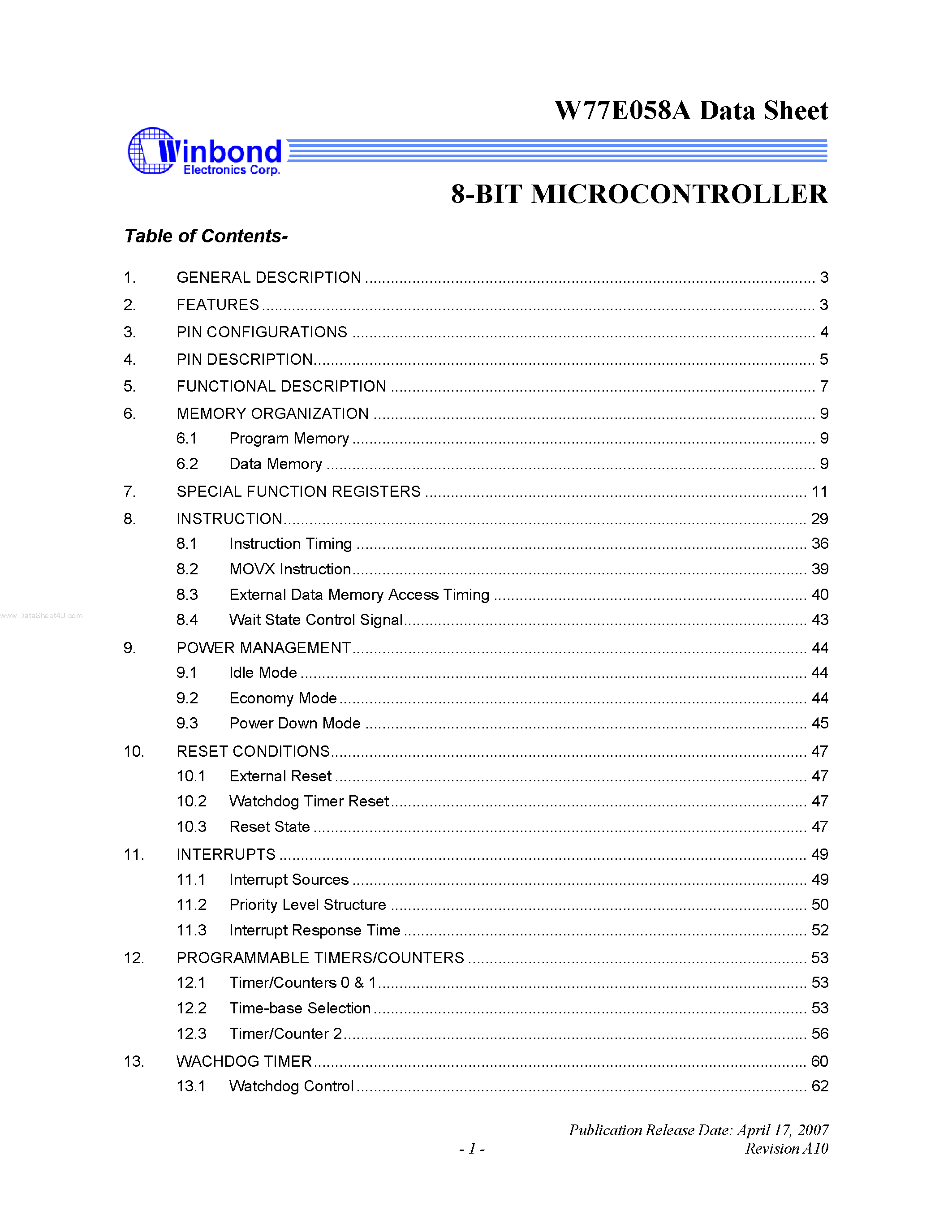 Даташит на микросхему W77E058A страница 1 Даташит W77E058A - 8-BIT MICROCONTROLLER страница 1