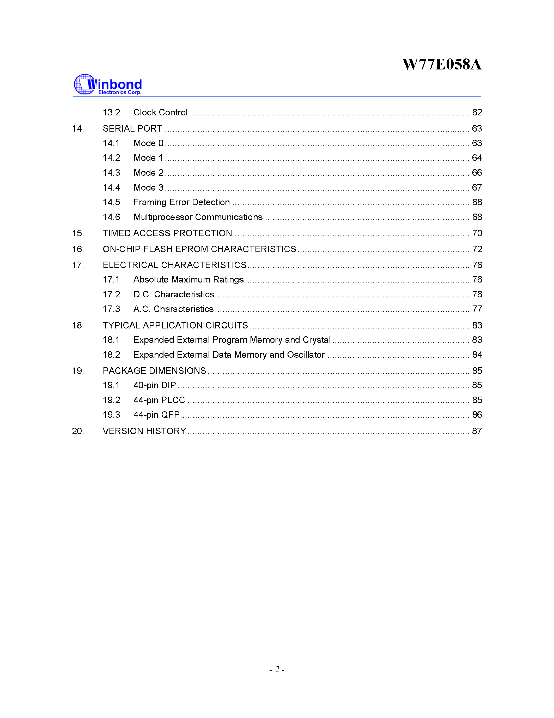 Даташит на микросхему W77E058A страница 2 Даташит W77E058A - 8-BIT MICROCONTROLLER страница 2