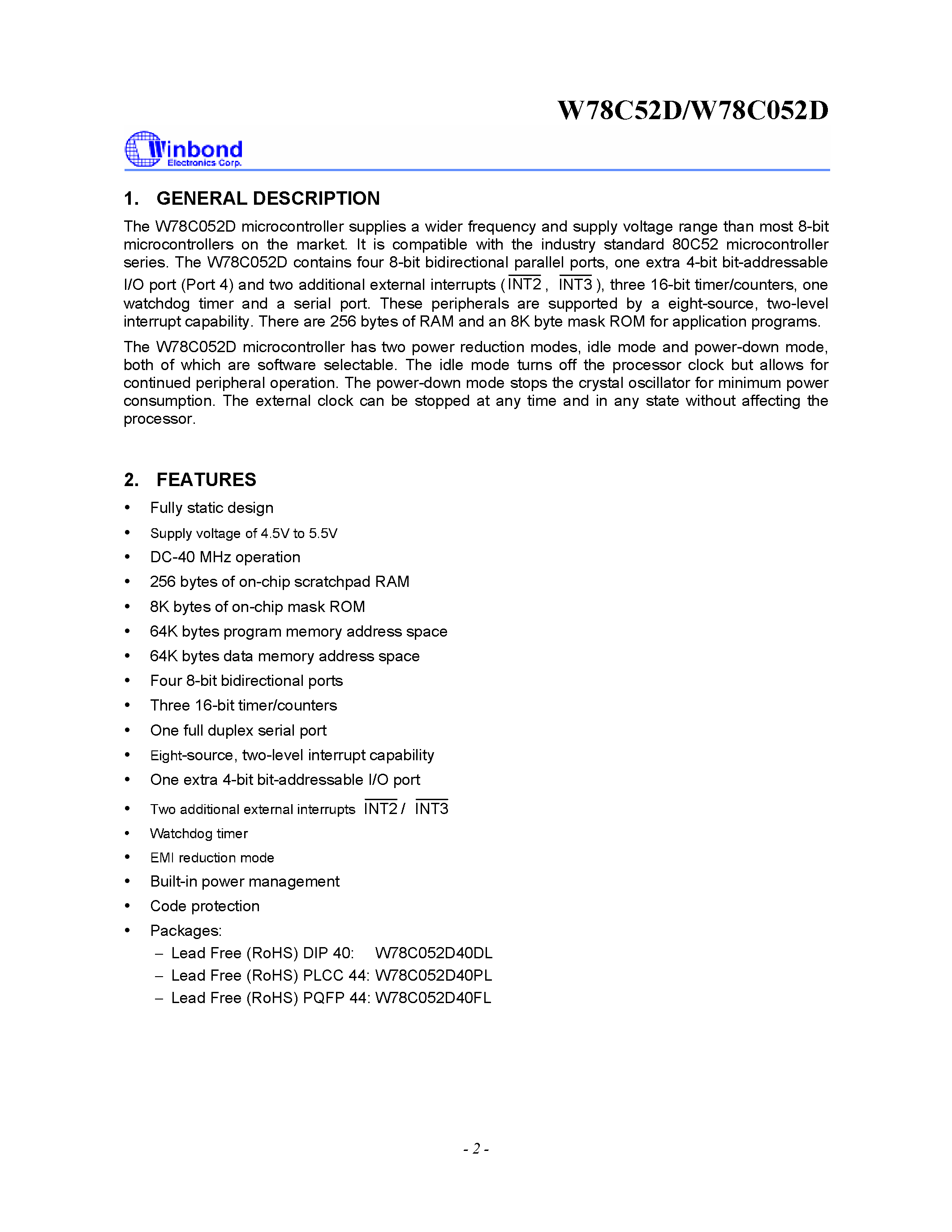 Datasheet W78C052D page 2 Datasheet W78C052D - 8-BIT MICROCONTROLLER page 2