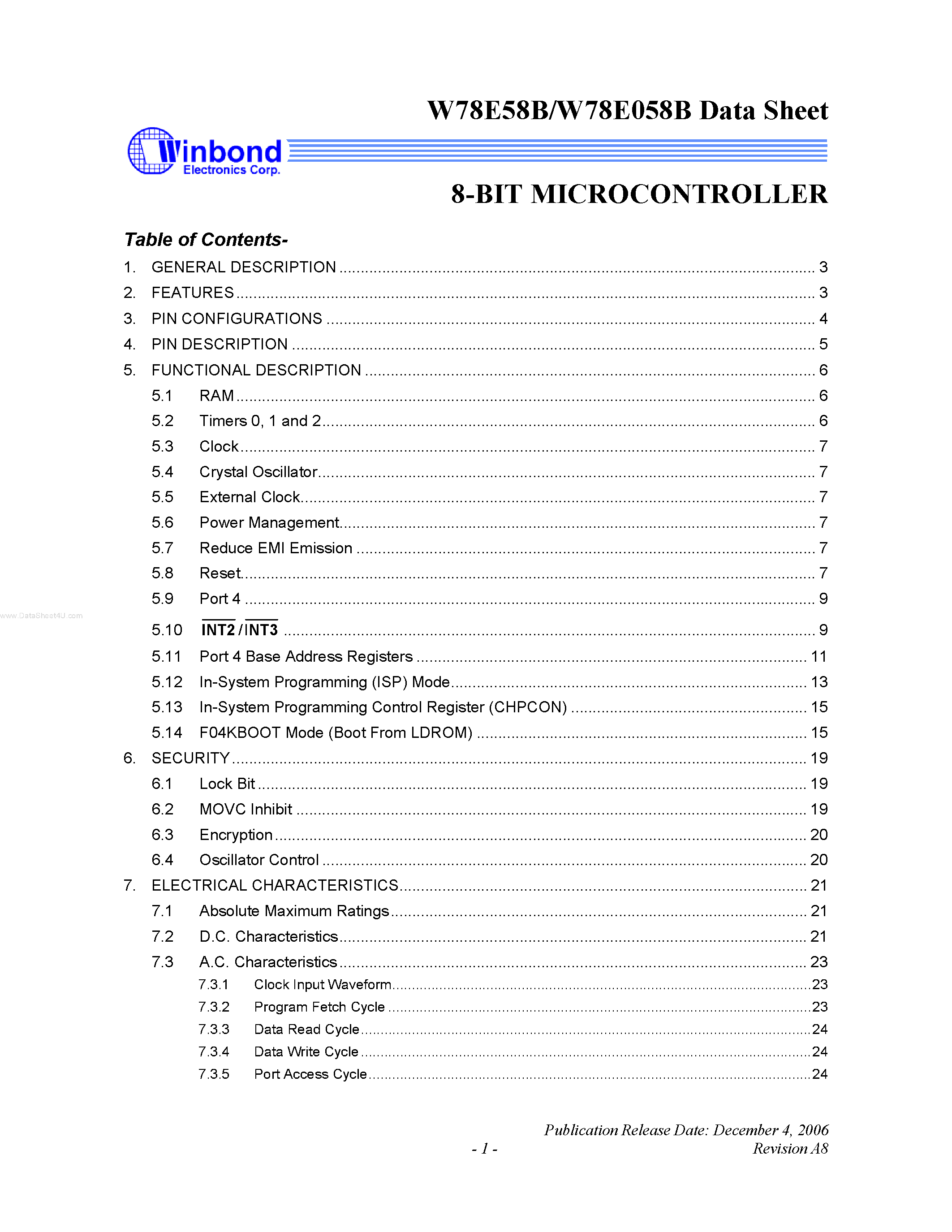 Datasheet W78E058B page 1 Datasheet W78E058B - 8-BIT MICROCONTROLLER page 1