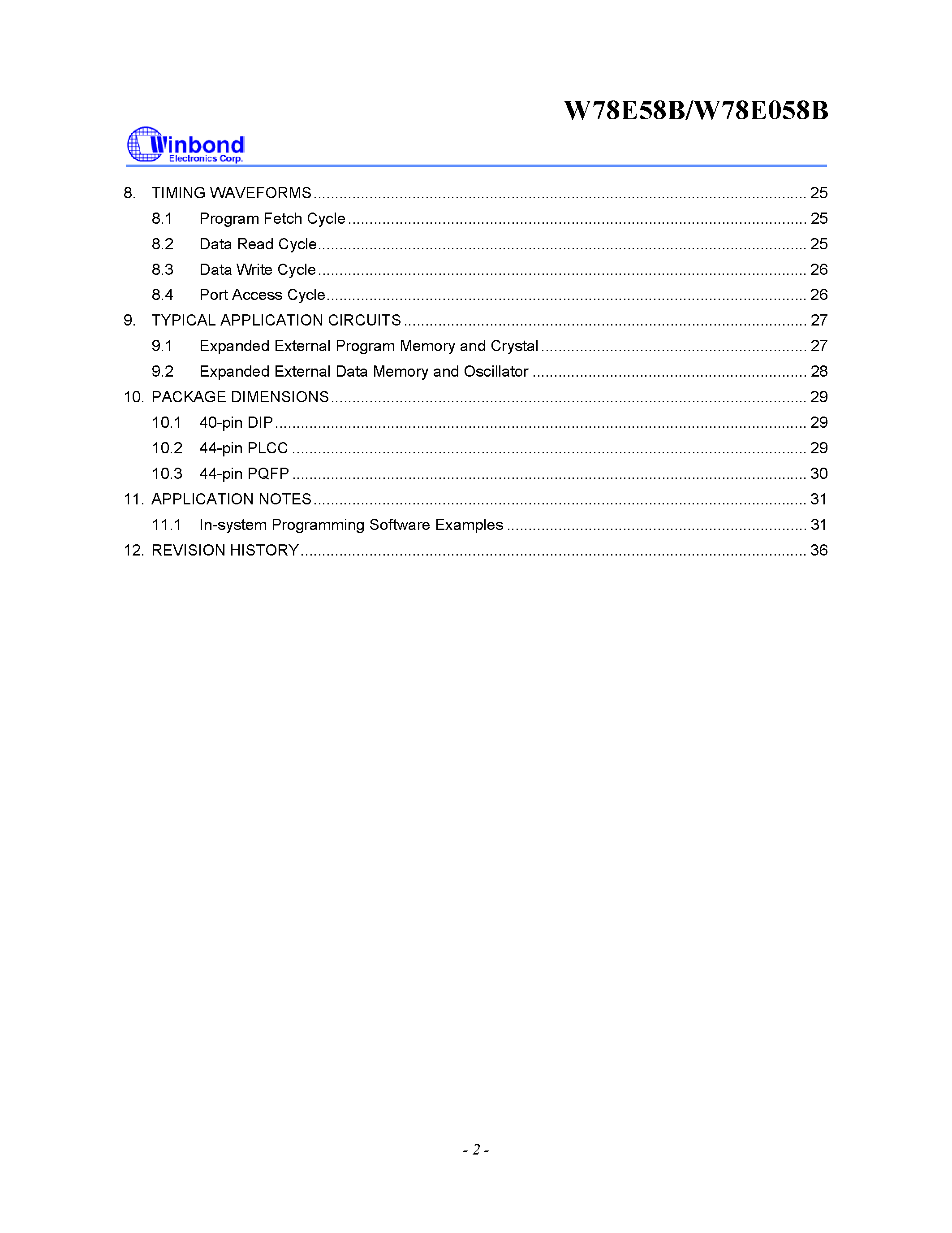 Datasheet W78E058B page 2 Datasheet W78E058B - 8-BIT MICROCONTROLLER page 2