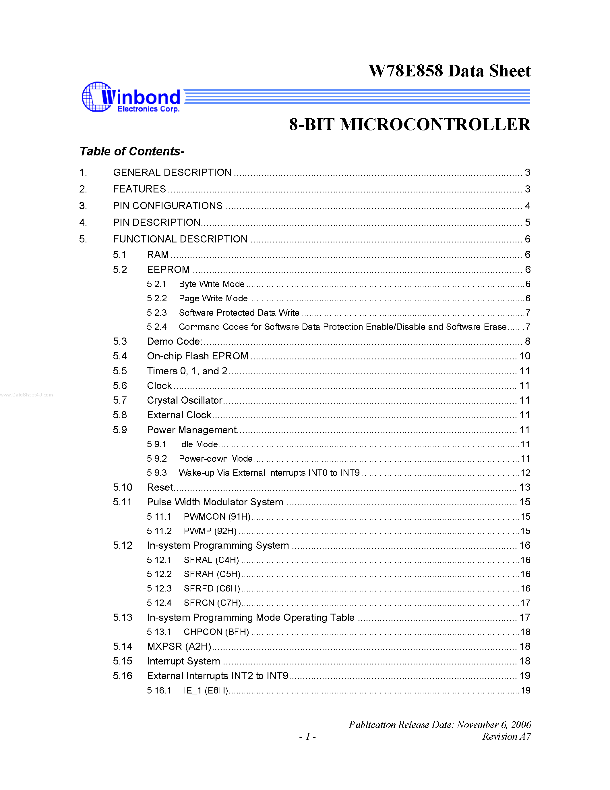 Datasheet W78E858 page 1 Datasheet W78E858 - 8-BIT MICROCONTROLLER page 1