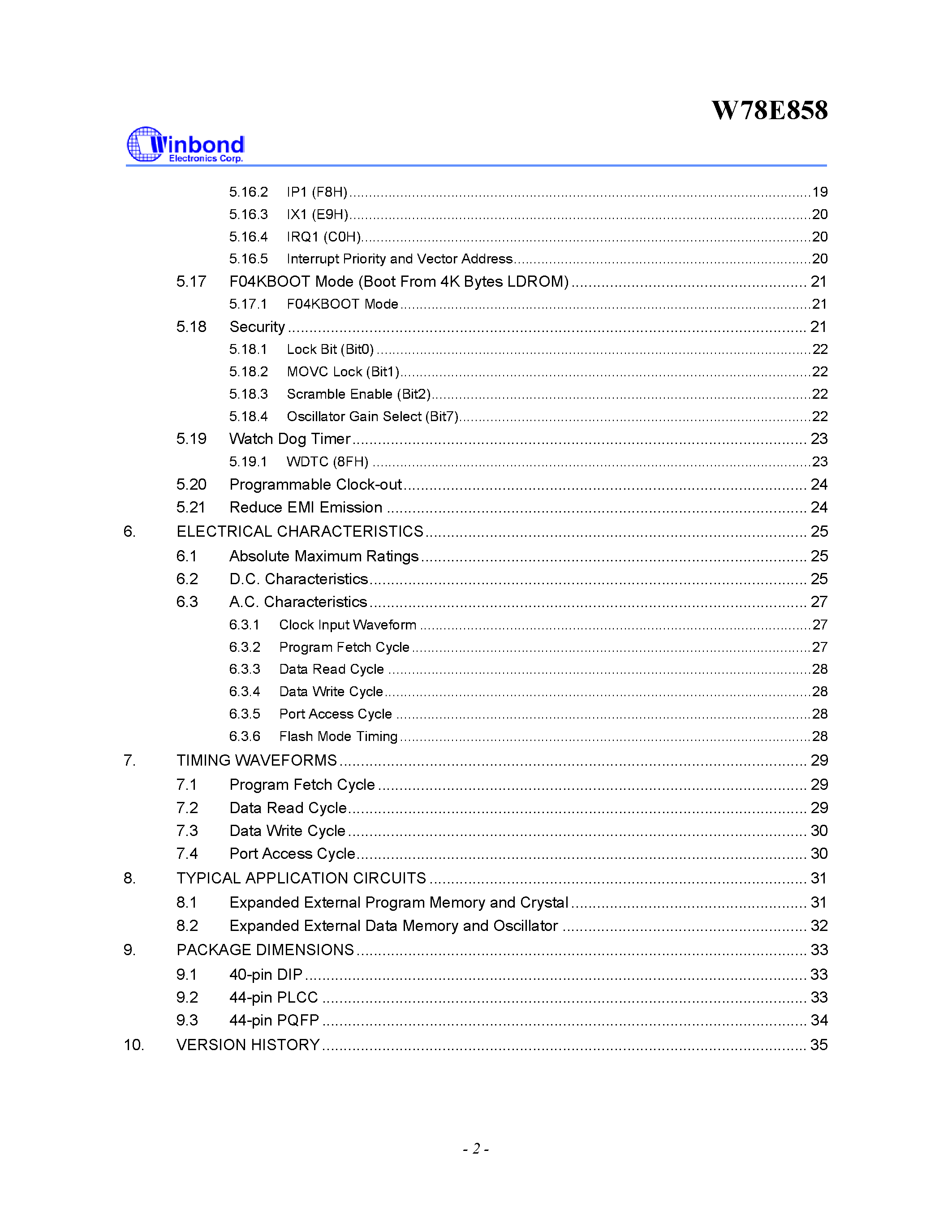 Datasheet W78E858 page 2 Datasheet W78E858 - 8-BIT MICROCONTROLLER page 2