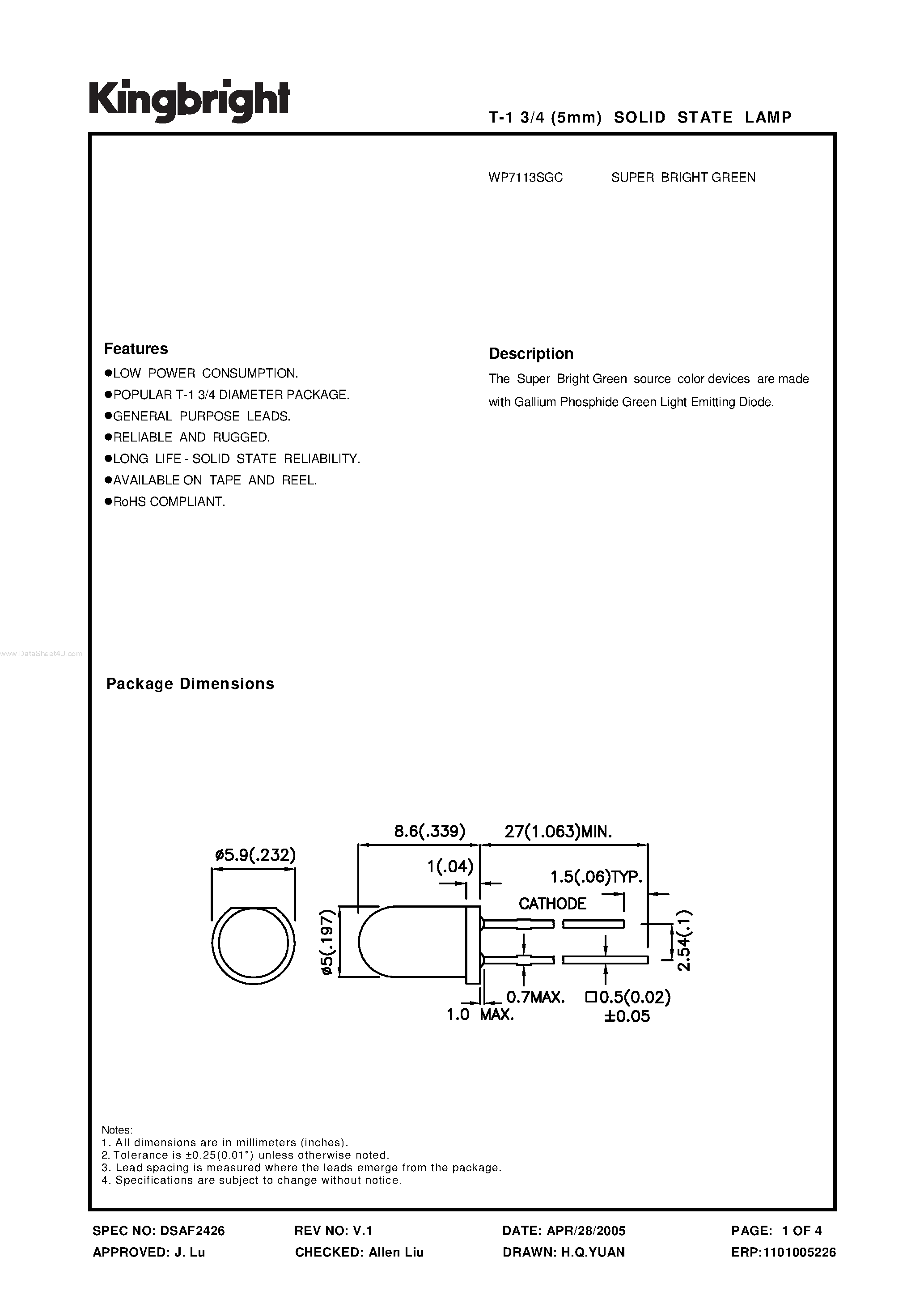 Datasheet WP7113SGC - SOLID STATE LAMP page 1