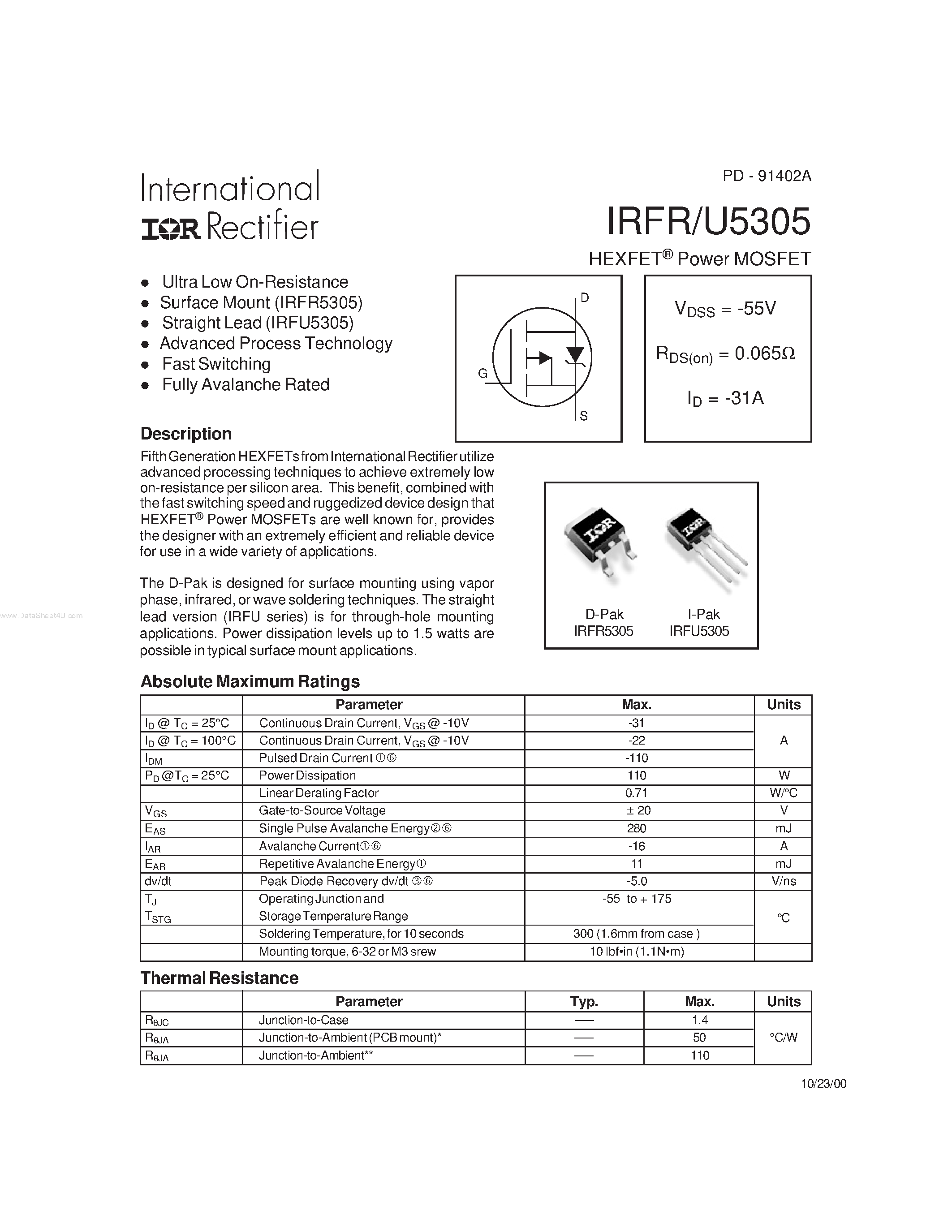 Даташит IRFR5305 - HEXFET Power MOSFET страница 1