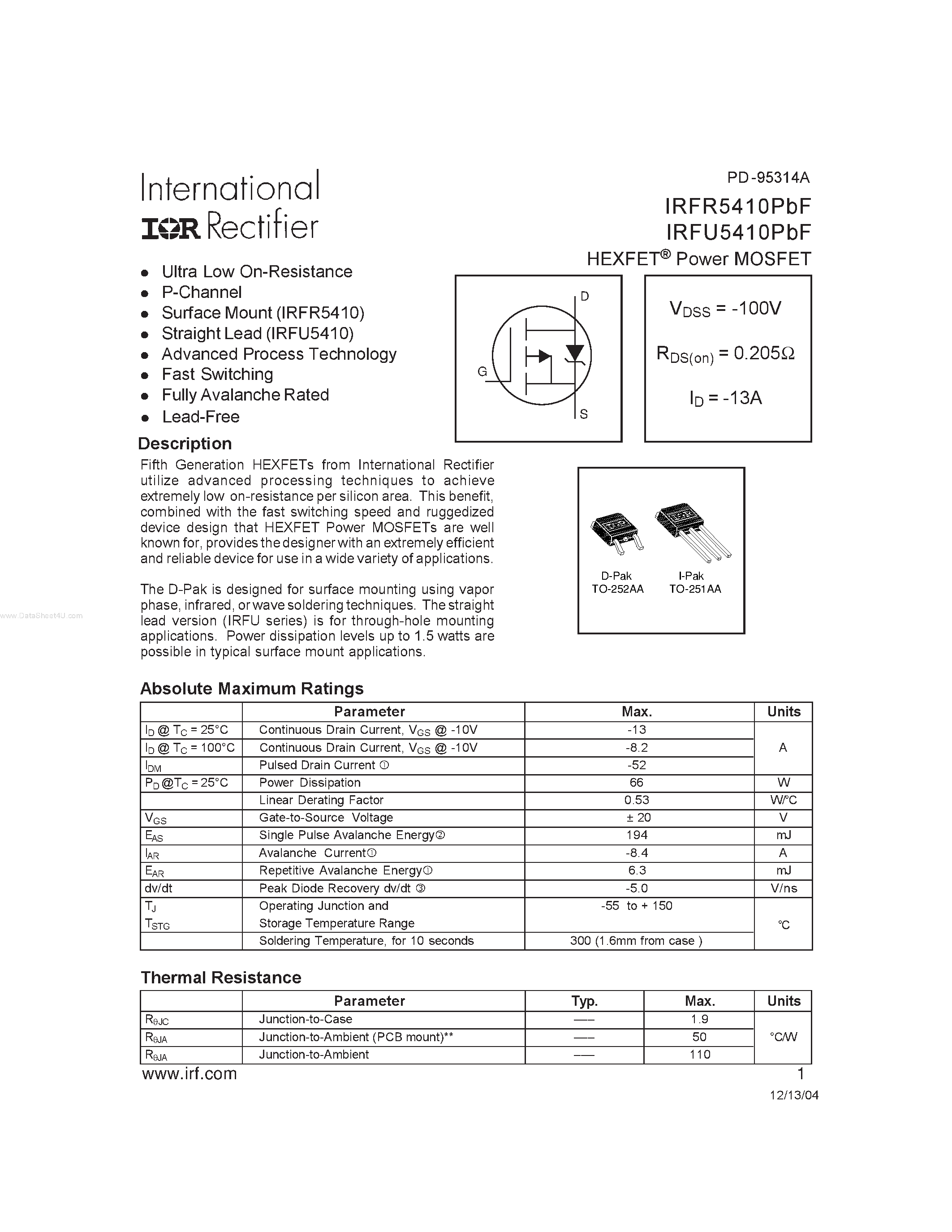 Datasheet IRFR5410PBF - HEXFET Power MOSFET page 1