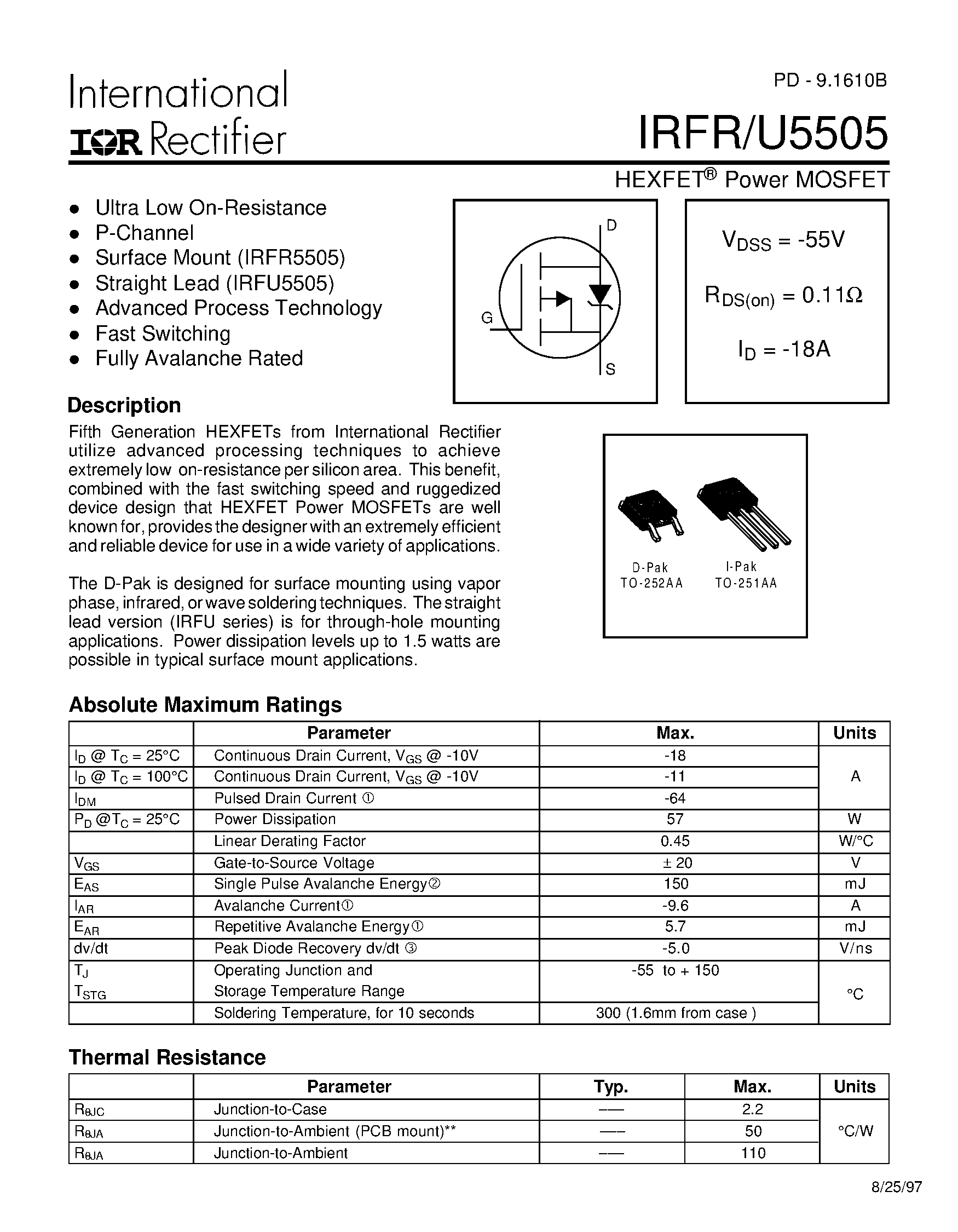 Datasheet IRFR5505 - HEXFET Power MOSFET page 1