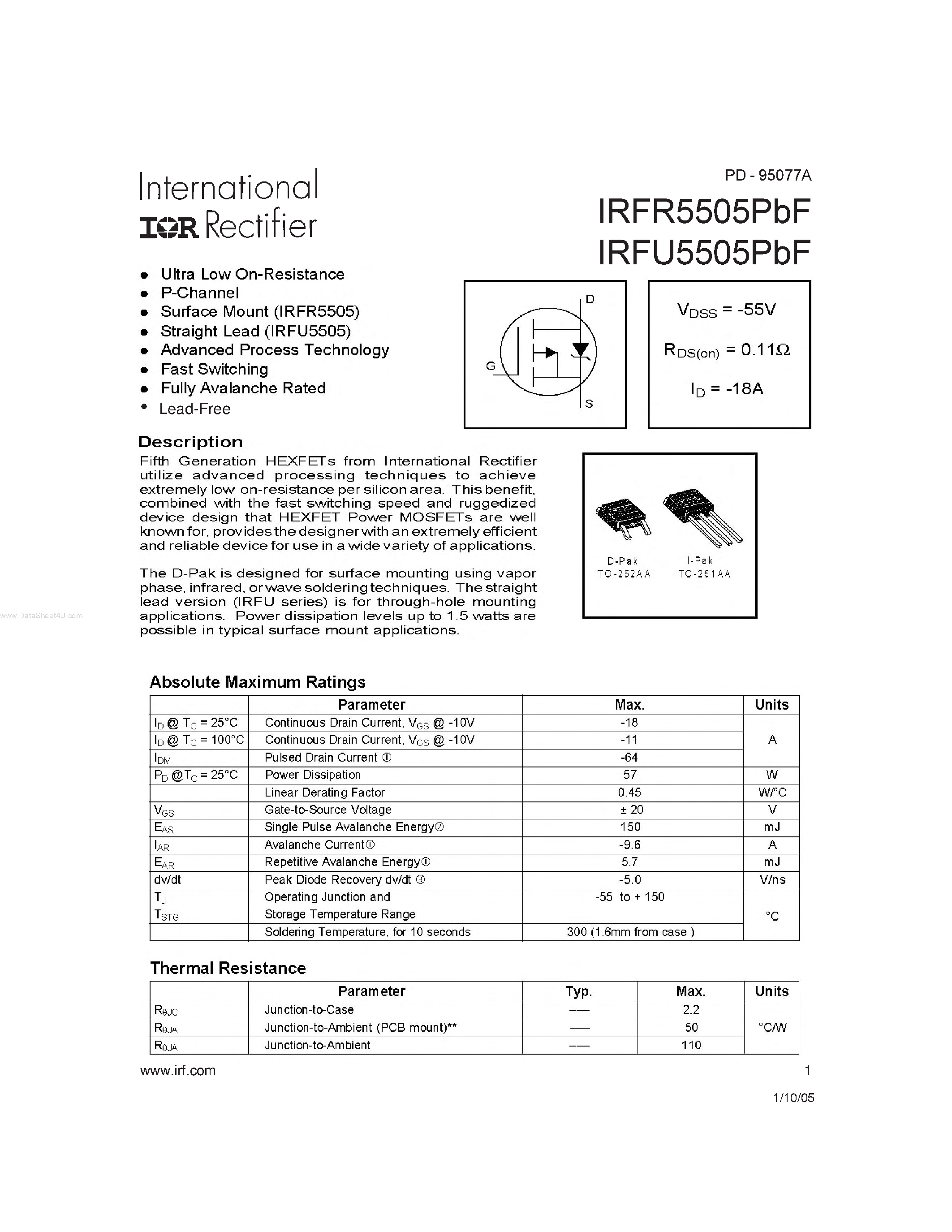 Datasheet IRFR5505PBF - HEXFET Power MOSFET page 1