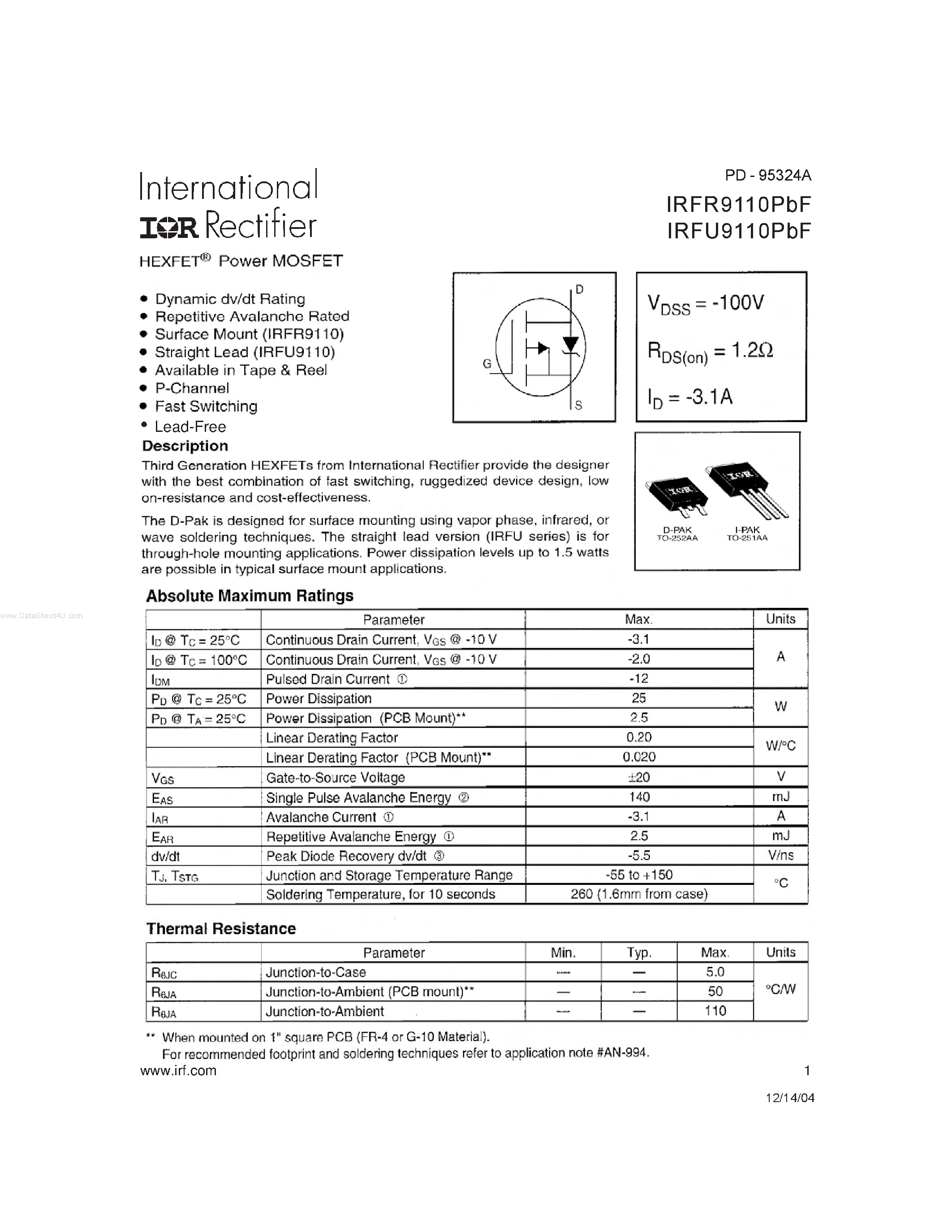 Datasheet IRFR9110PBF page 1 Datasheet IRFR9110PBF - HEXFET Power MOSFET page 1
