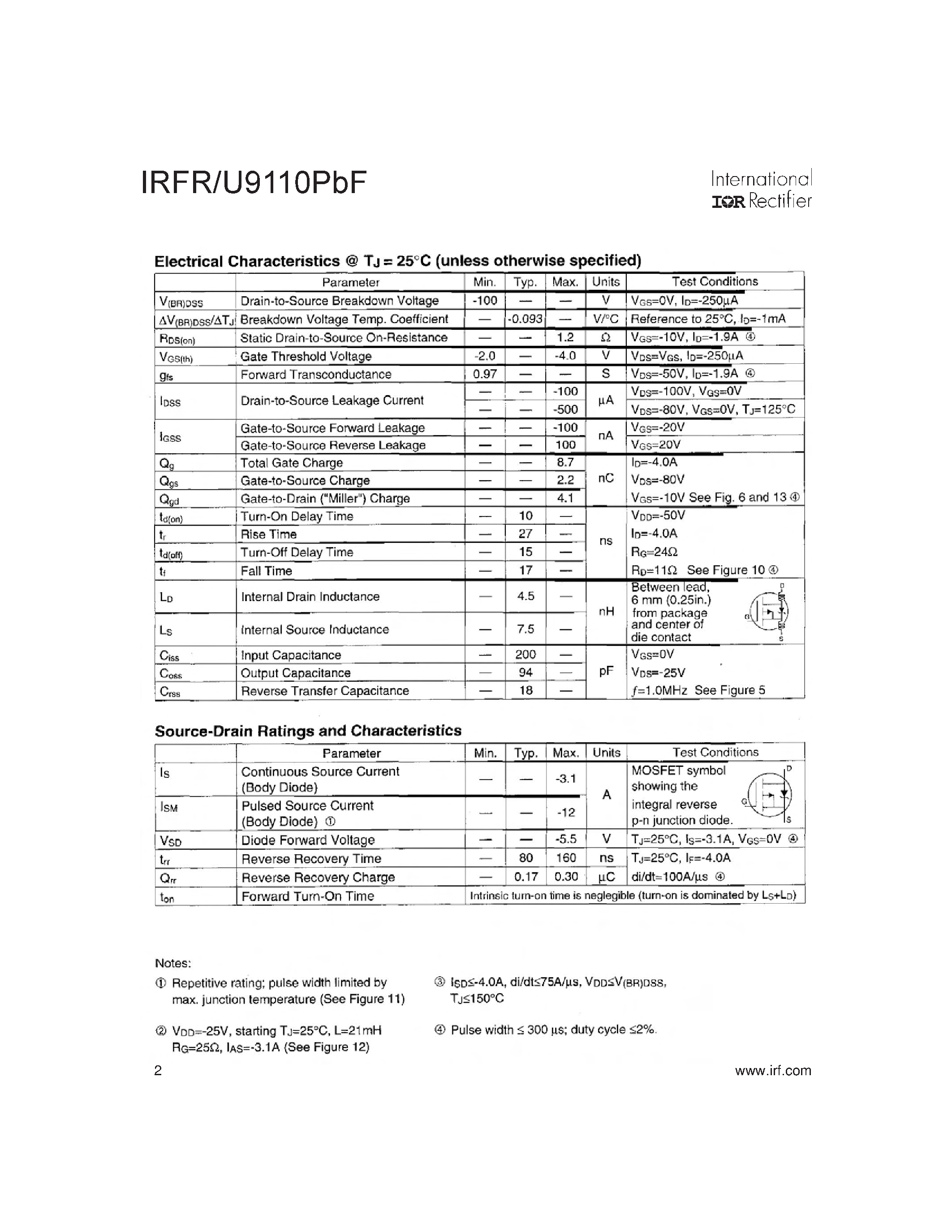 Datasheet IRFR9110PBF page 2 Datasheet IRFR9110PBF - HEXFET Power MOSFET page 2