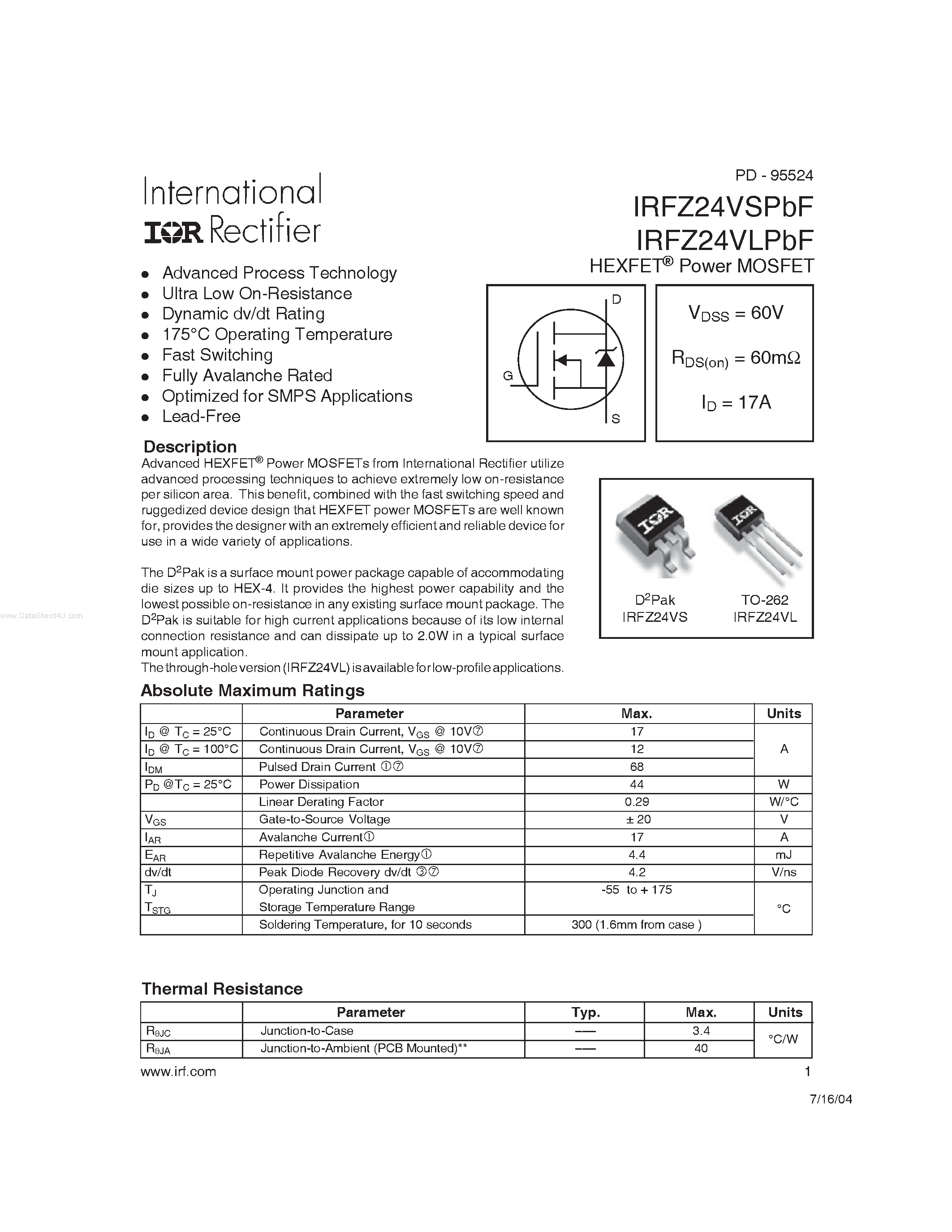 Datasheet IRFZ24VLPbF - HEXFET Power MOSFET page 1