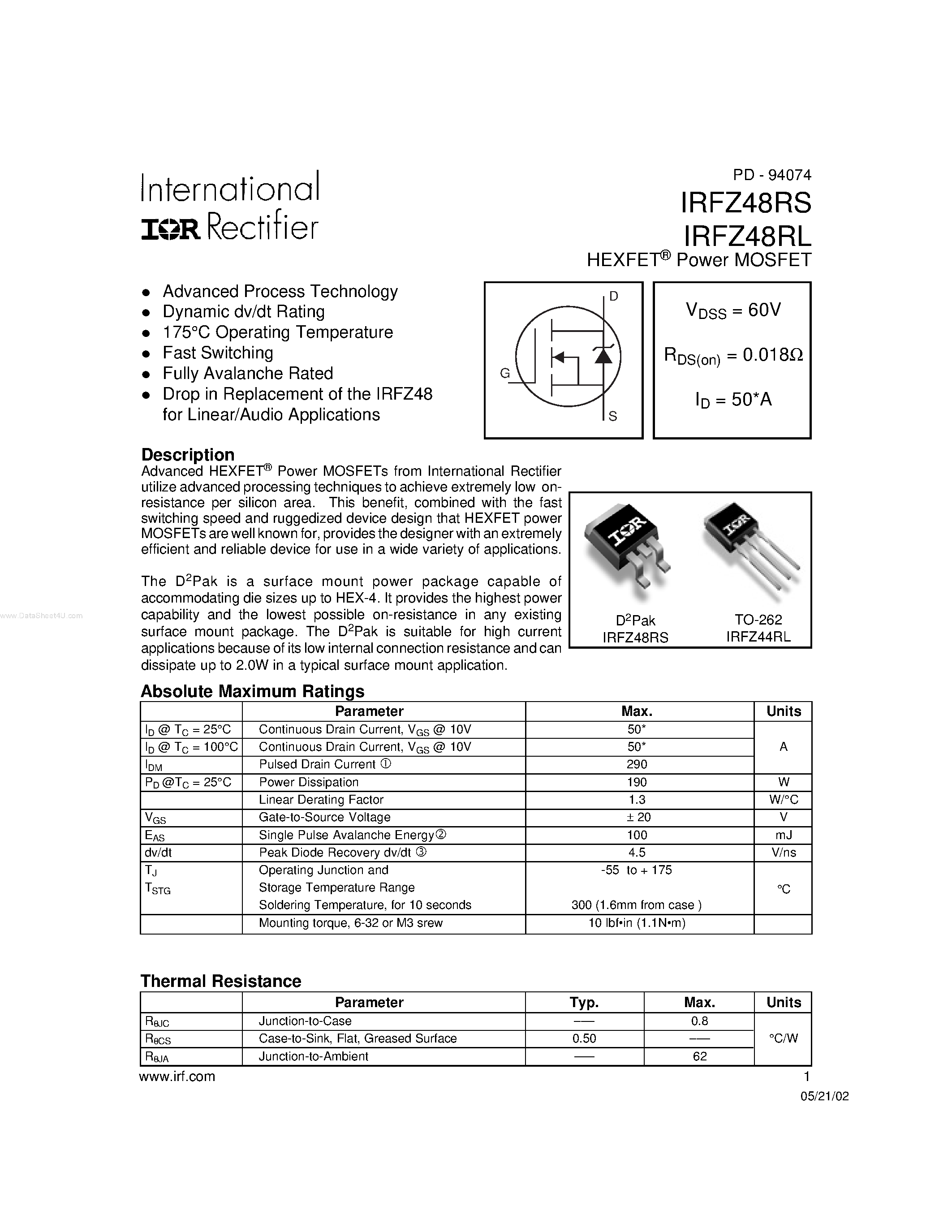 Datasheet IRFZ48RL - HEXFET Power MOSFET page 1